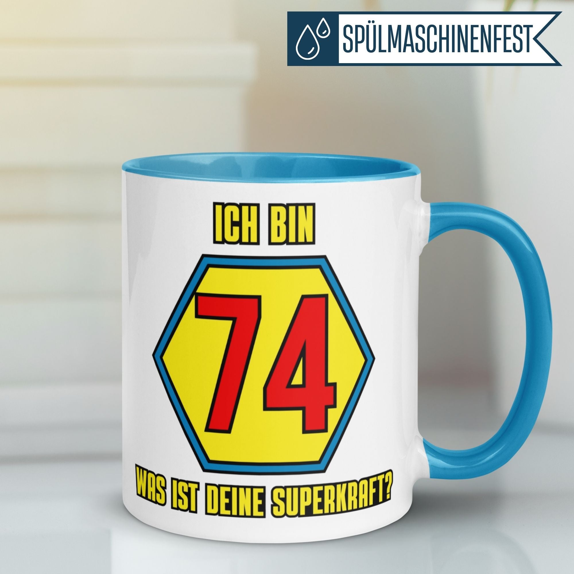 Momentals® Tasse 74. Geburtstag | Superheld & Spruch | Ich bin 74 und was ist deine Superkraft