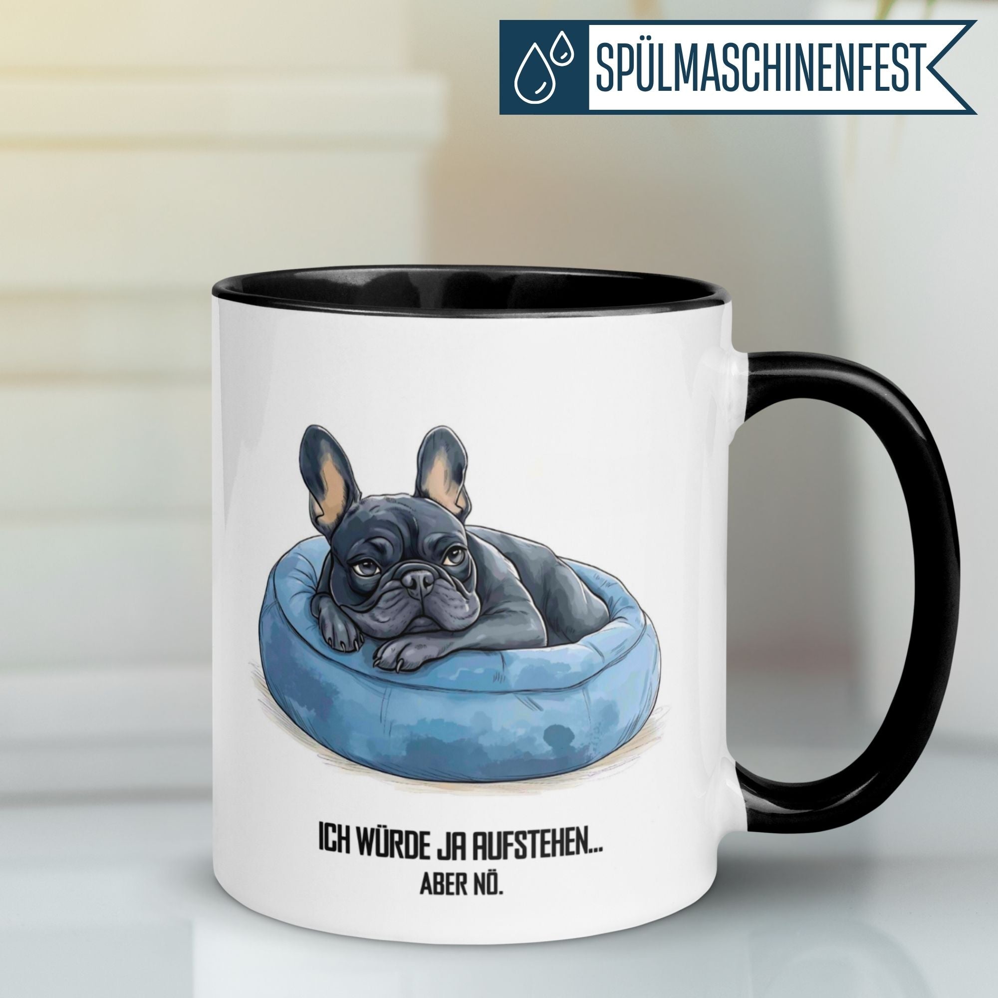 Momentals® Tasse für Morgenmuffel mit Bulldoggen-Motiv und witzigem Spruch "Ich würde ja aufstehen – aber nö..."