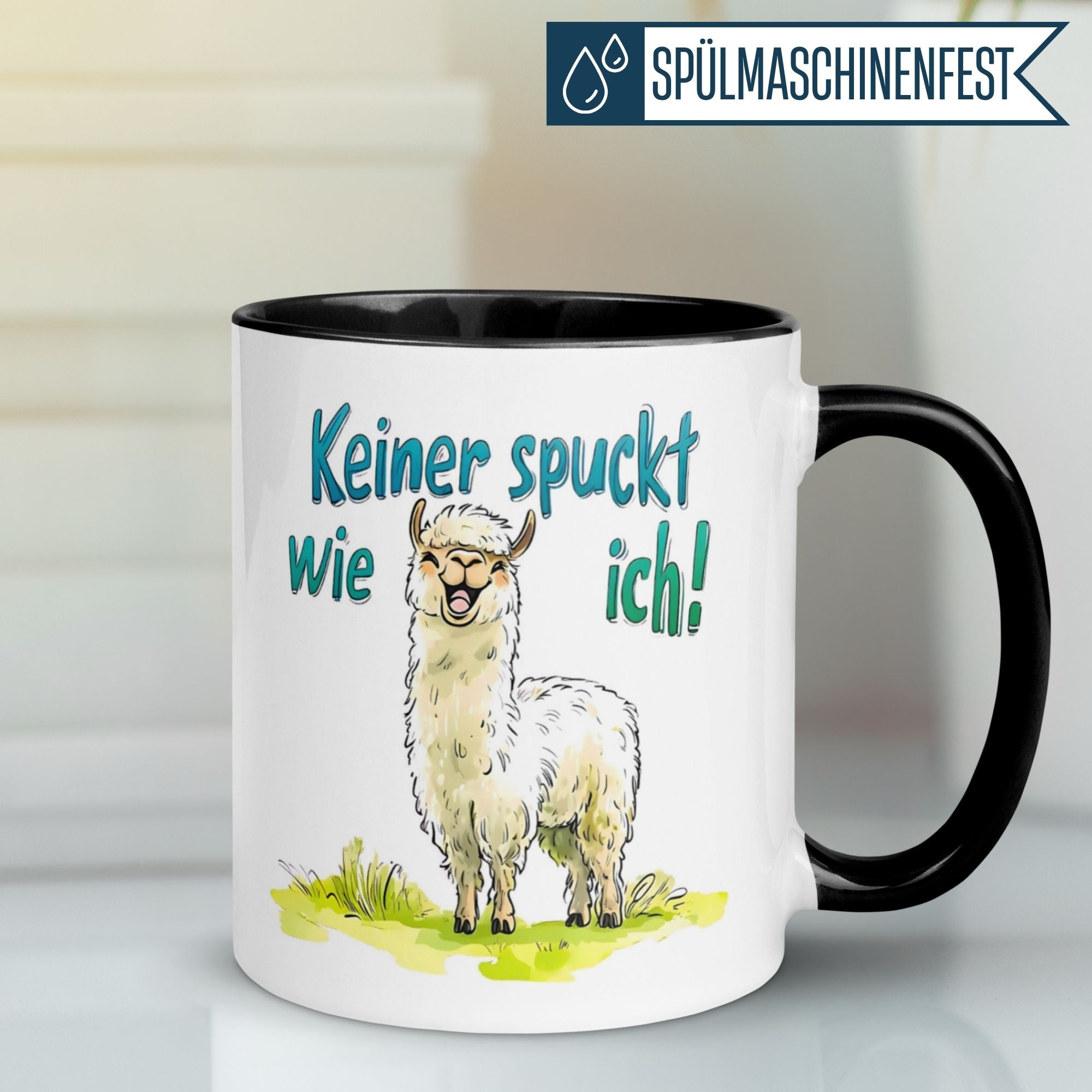 Momentals Tasse mit Lama und Spruch 'Keiner spuckt wie ich!', humorvolles Design für Tierliebhaber.