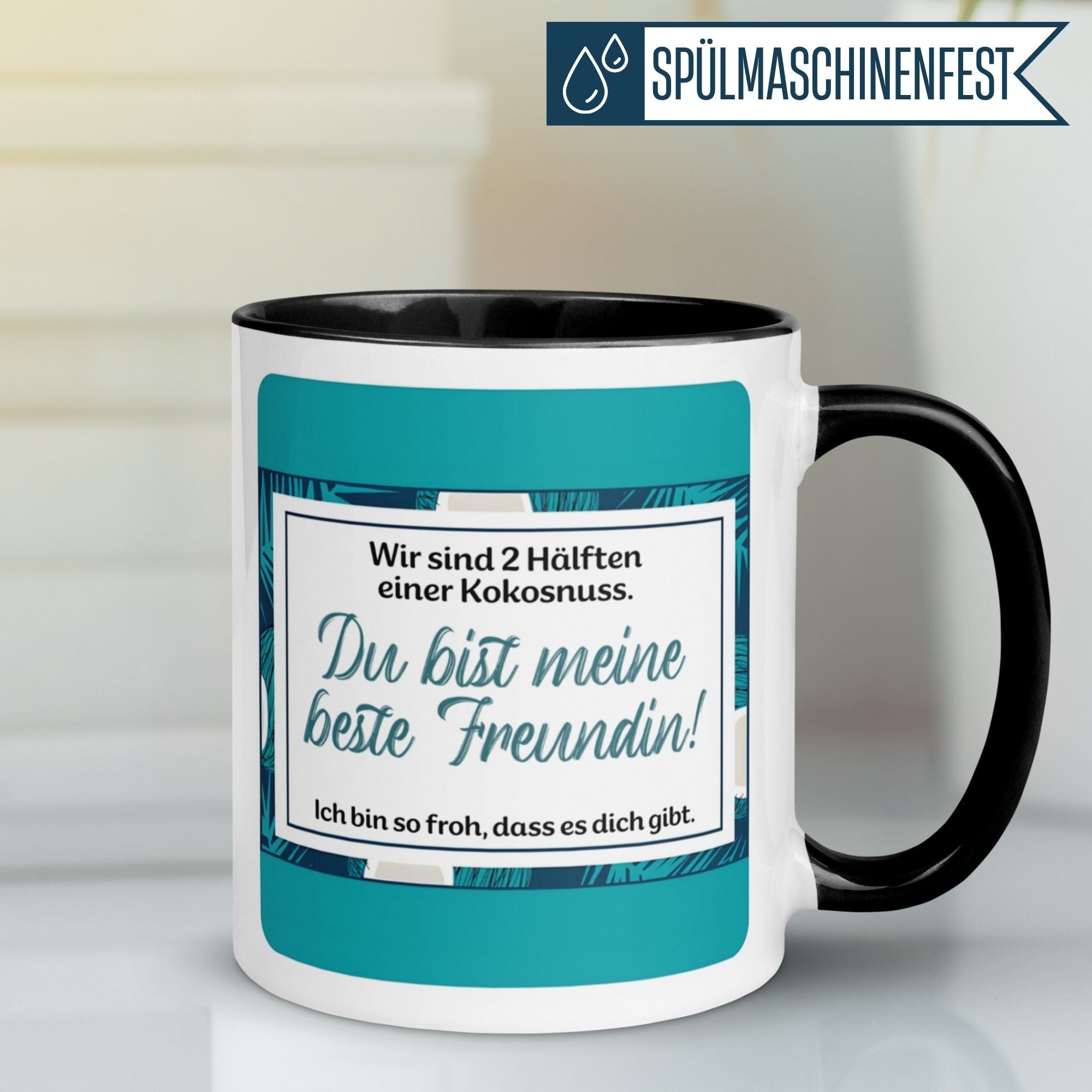 Momentals® Tasse mit Spruch "Wir sind 2 Hälften einer Kokosnuss" für beste Freundinnen.