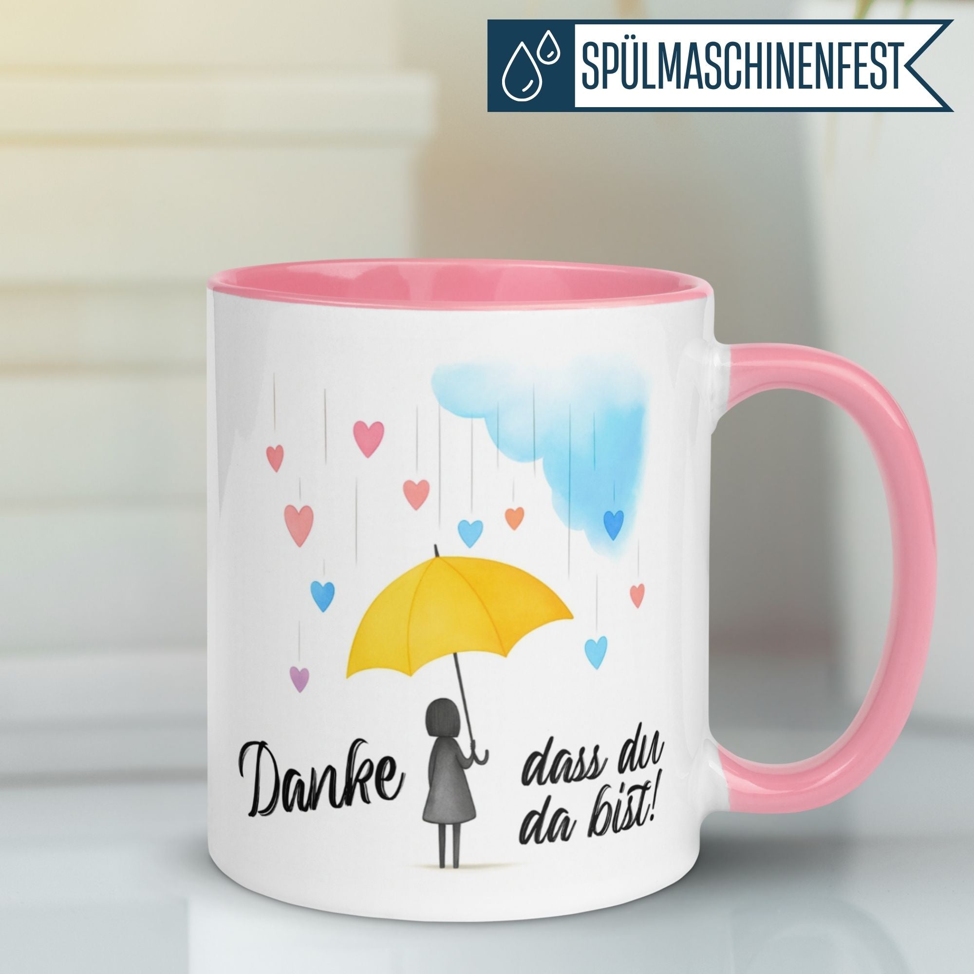 Momentals Tasse Dankeschön mit Regenschirm-Motiv und Herzen für Wertschätzung und Dankbarkeit.
