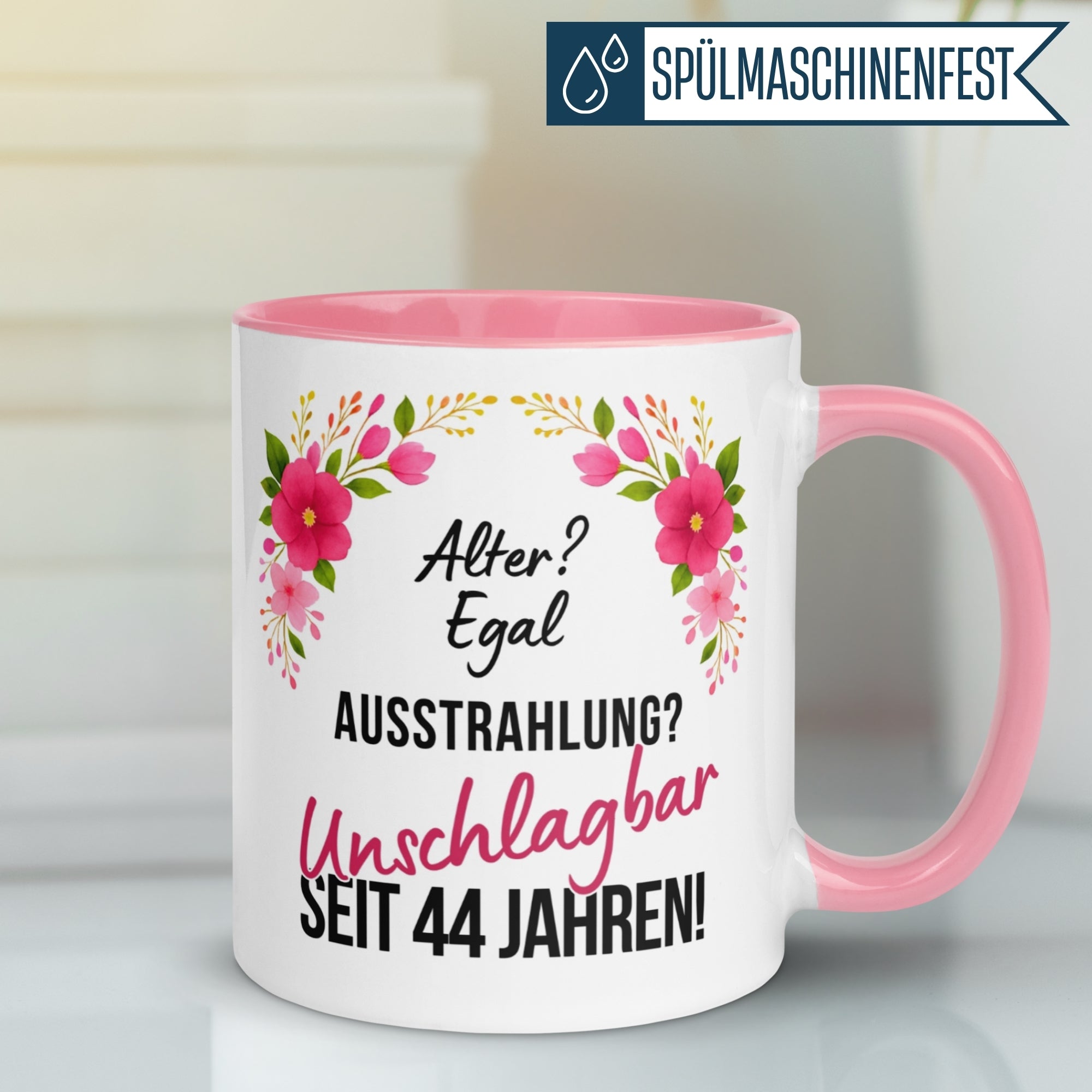 Momentals® Tasse 44. Geburtstag | Blumen & Spruch | Ausstrahlung - Unschlagbar seit 44 Jahren