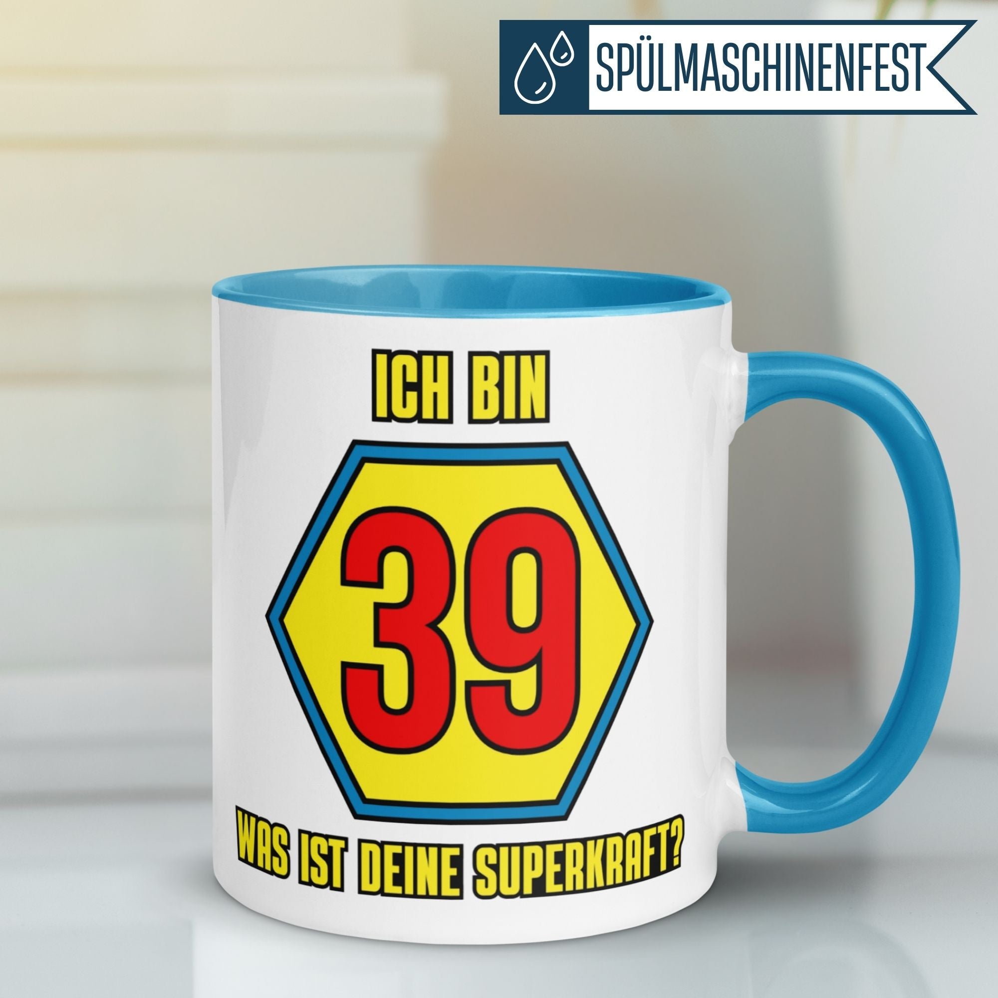 Momentals® Tasse 39. Geburtstag | Superheld & Spruch | Ich bin 39 und was ist deine Superkraft
