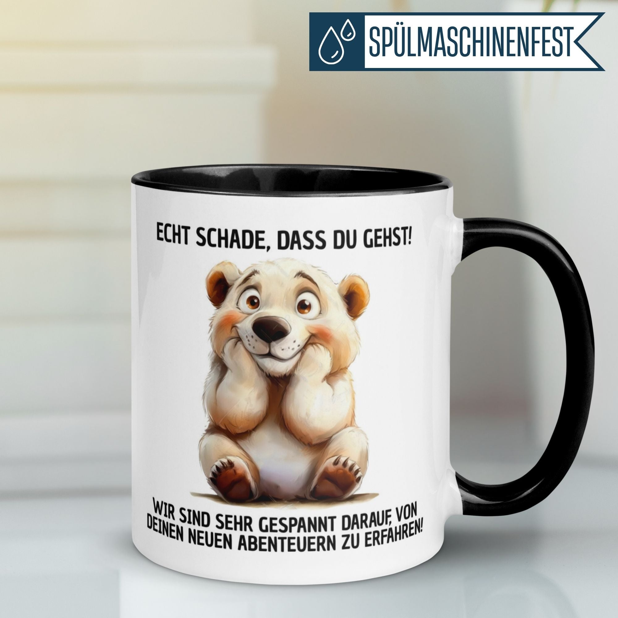 Momentals Tasse mit Bärenmotiv und Spruch: Echt schade, dass du gehst! Herzliche Botschaft für Kollegen.