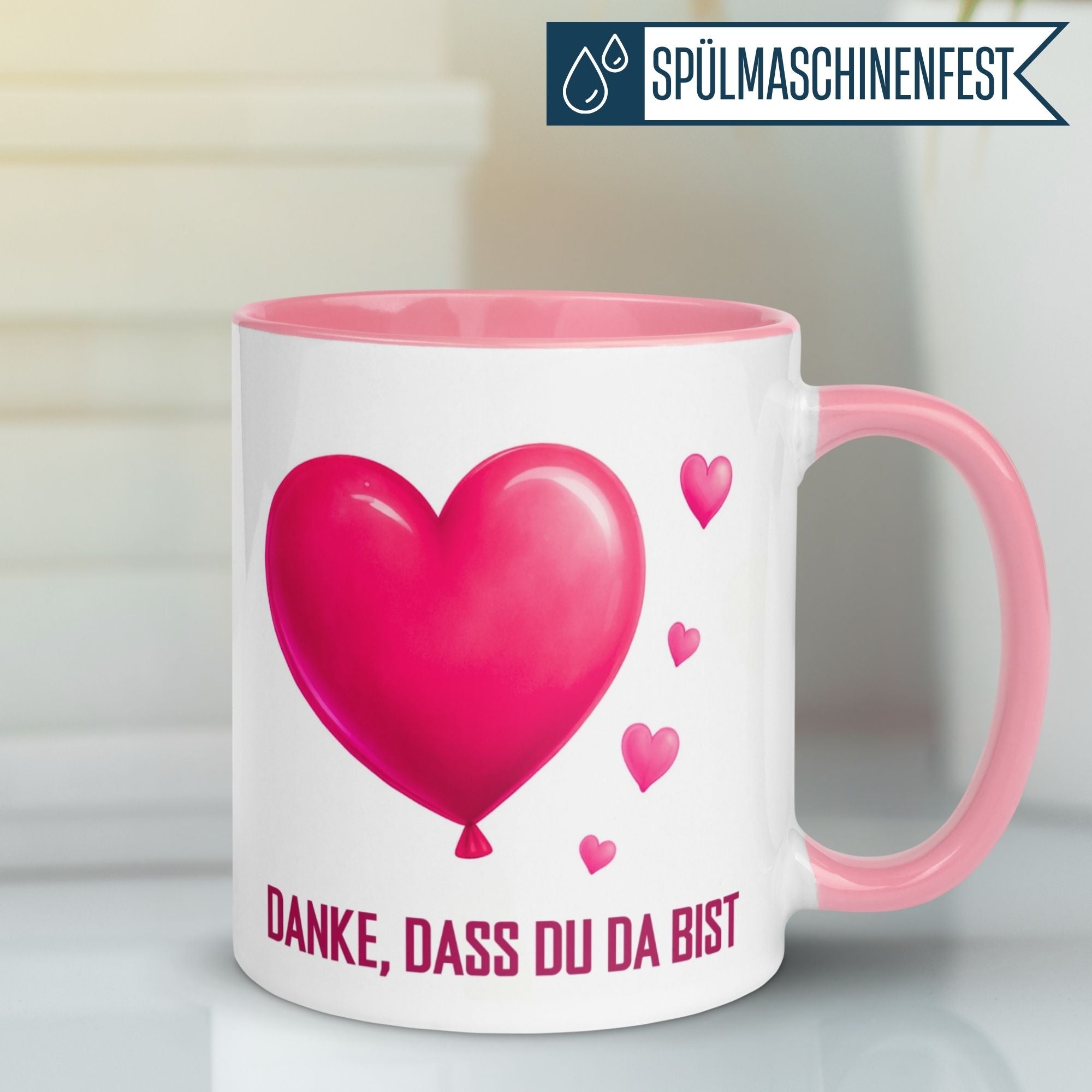 Momentals Tasse in Pink mit Herzballon und Dankesbotschaft für Wertschätzung und Freude im Alltag