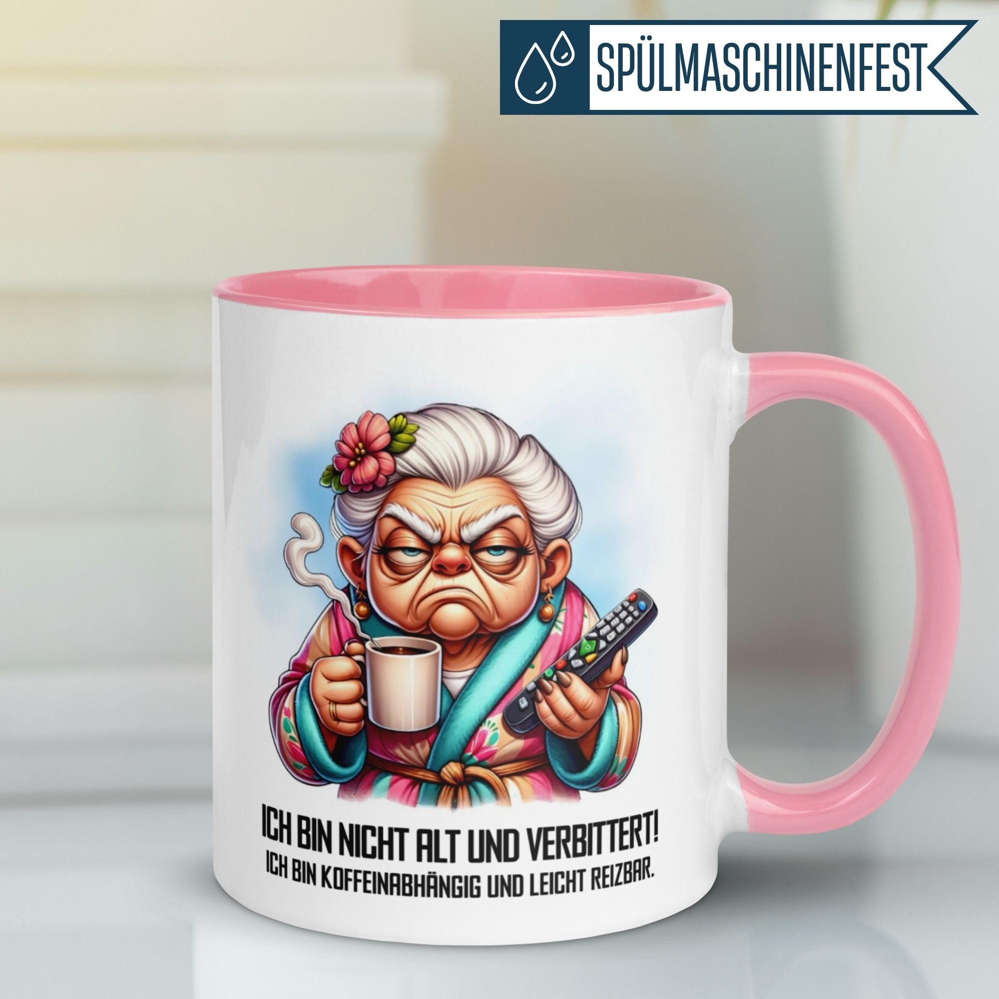 Momentals Tasse für Morgenmuffel mit Oma Cartoon und Spruch über Koffeinabhängigkeit und gute Laune.