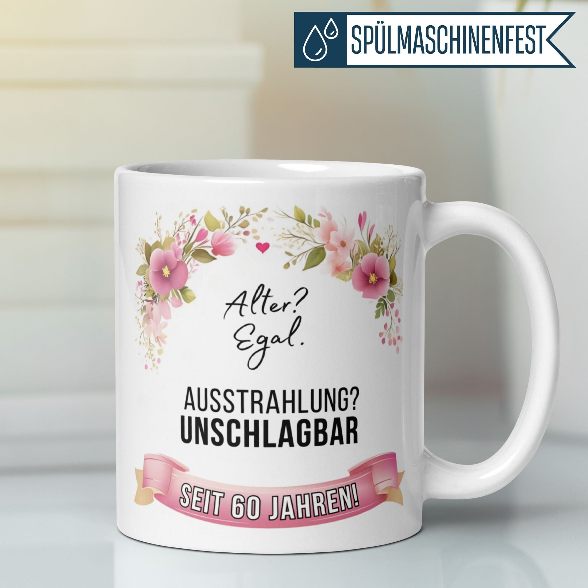 Momentals® Tasse 60. Geburtstag | Blumen & Spruch | Ausstrahlung - Unschlagbar seit 60 Jahren • Momentals