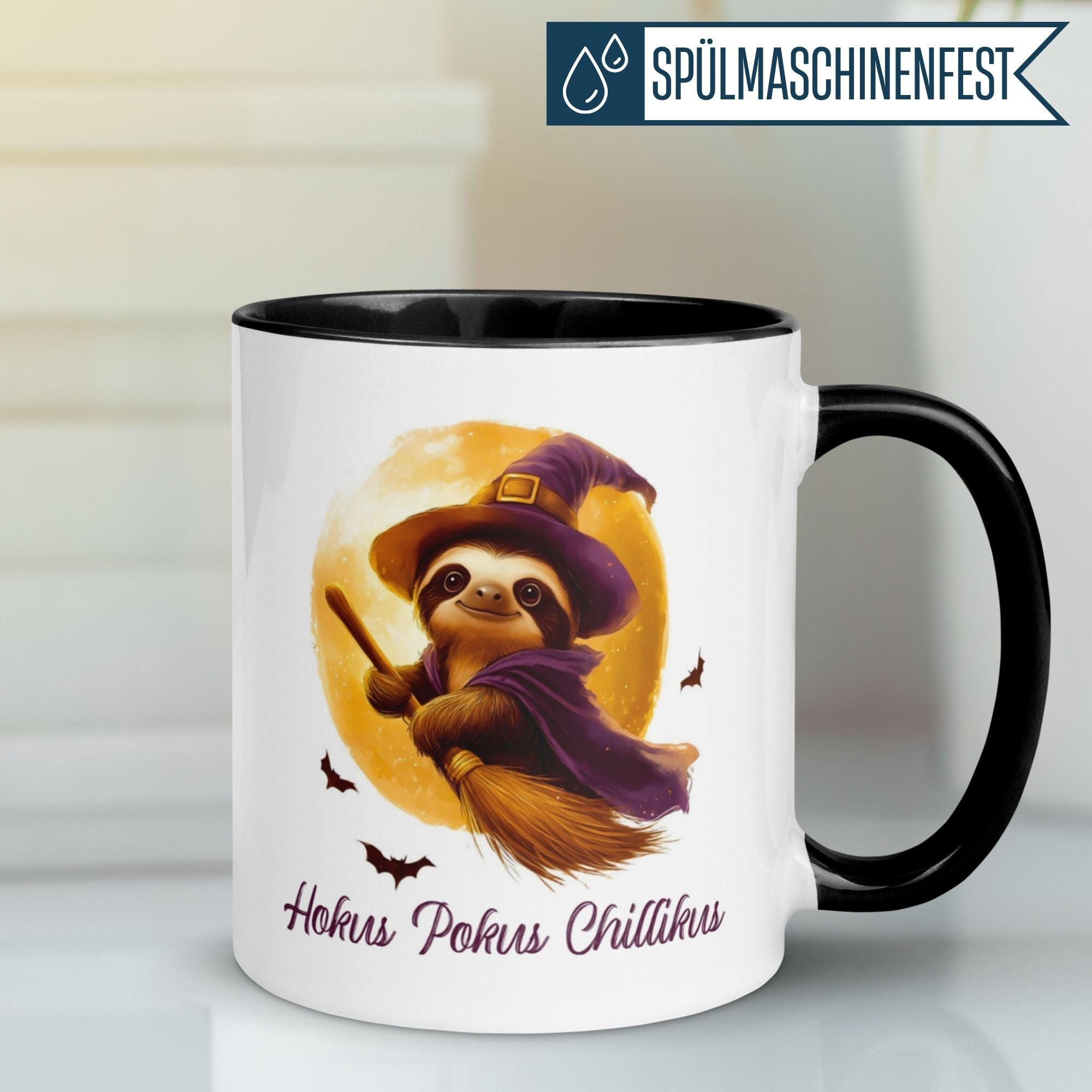 Hokus Pokus Chillikus mug featuring a relaxed sloth in a witch hat, perfect for adding magic to your day.