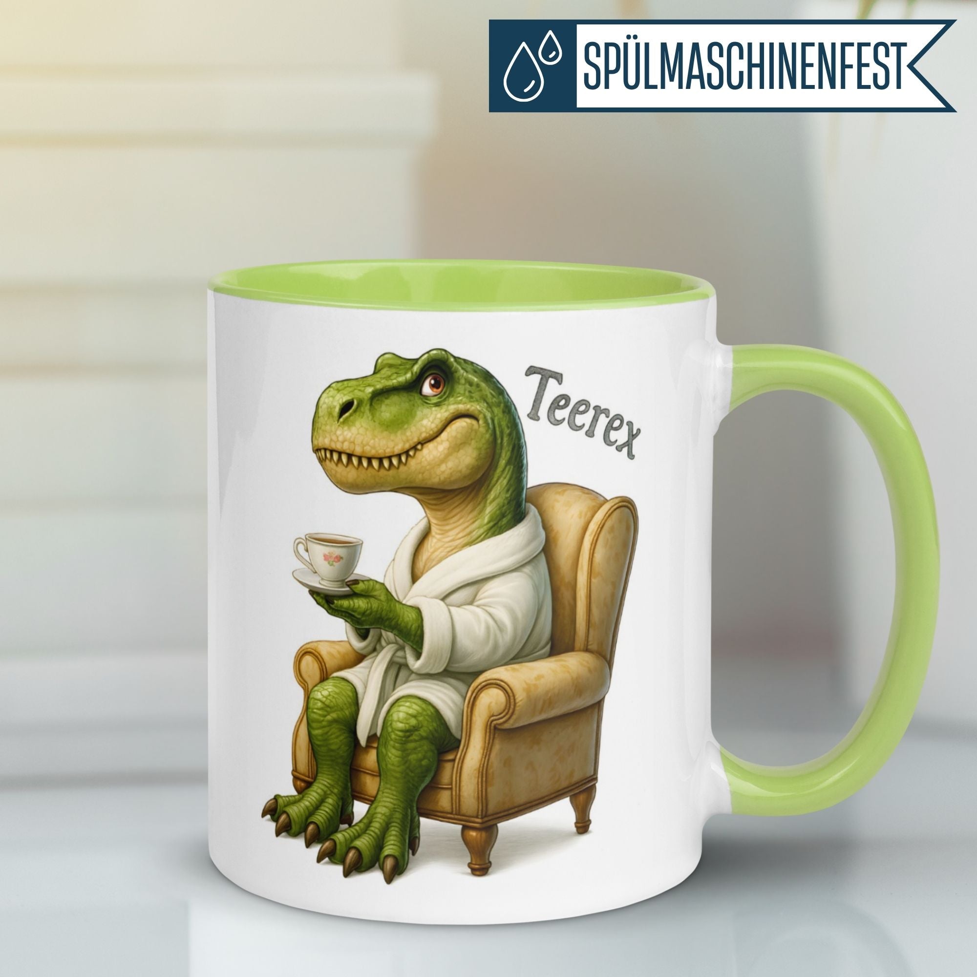 Tasse Dinosaurier – „Teerex“ – Dino Geschenk Becher für Tee und T-Rex Fans