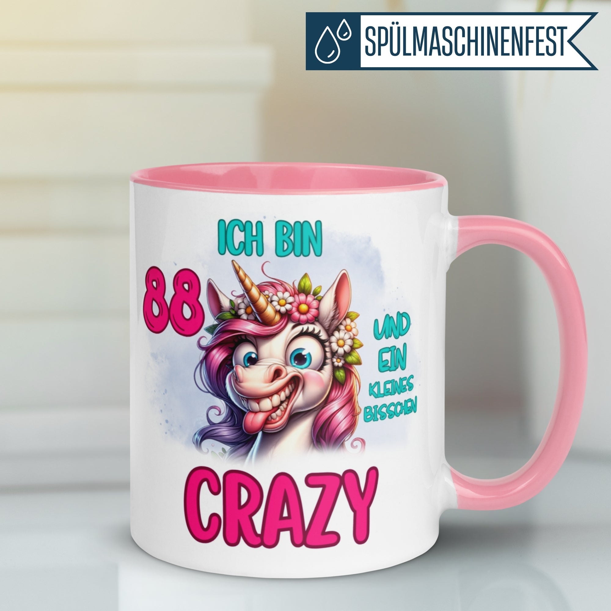Tasse 88. Geburtstag | Einhorn & Spruch | Ich bin 88 und ein kleines bisschen Crazy