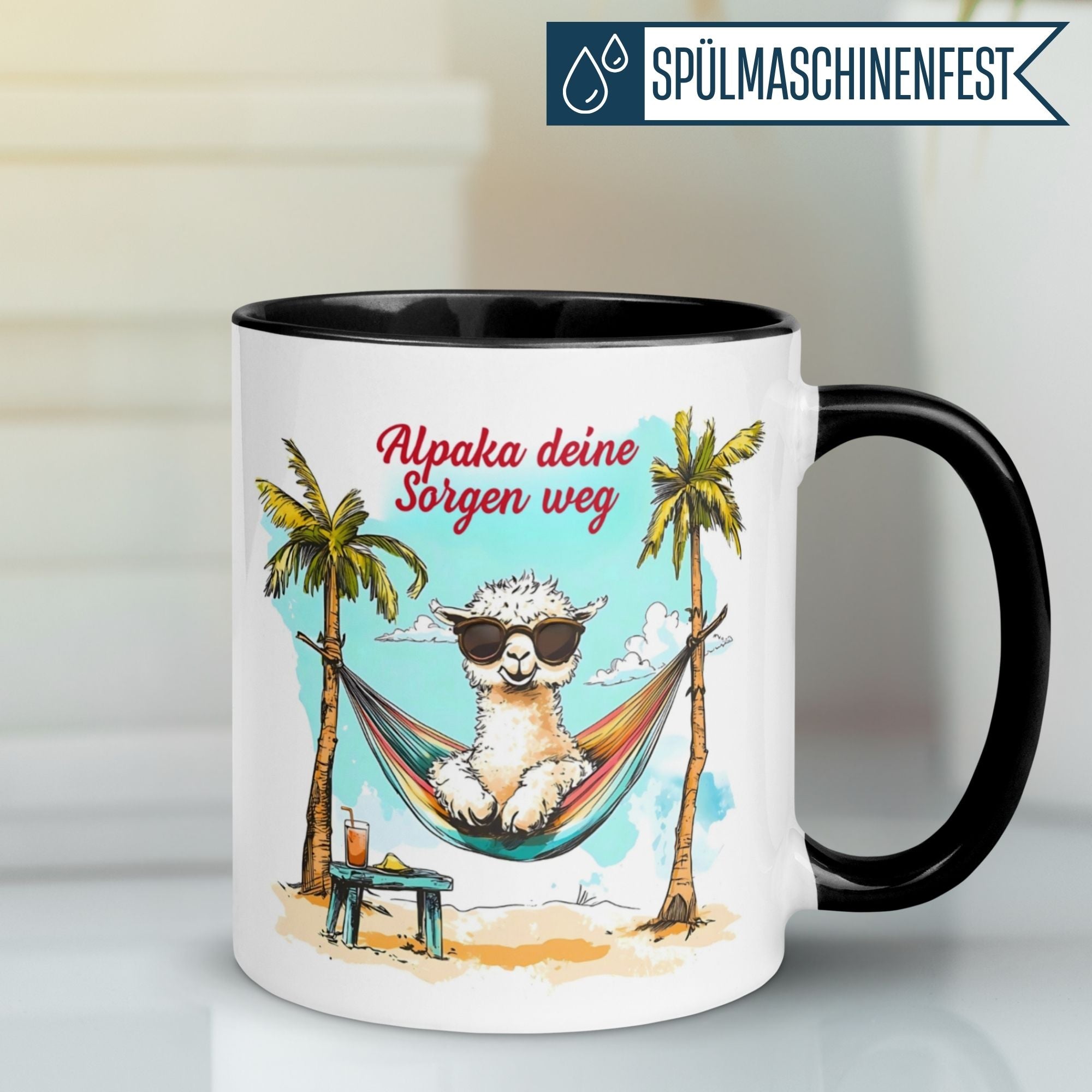 Momentals Tasse mit Alpaka in Hängematte und dem Spruch 'Alpaka deine Sorgen weg', sommerliches Motiv.