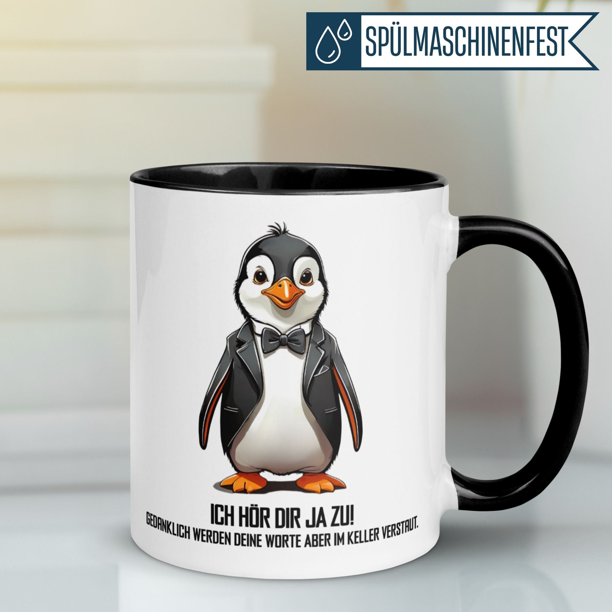Momentals® Tasse mit Pinguin-Motiv und Spruch "Ich hör dir ja zu!" für Morgenmuffel