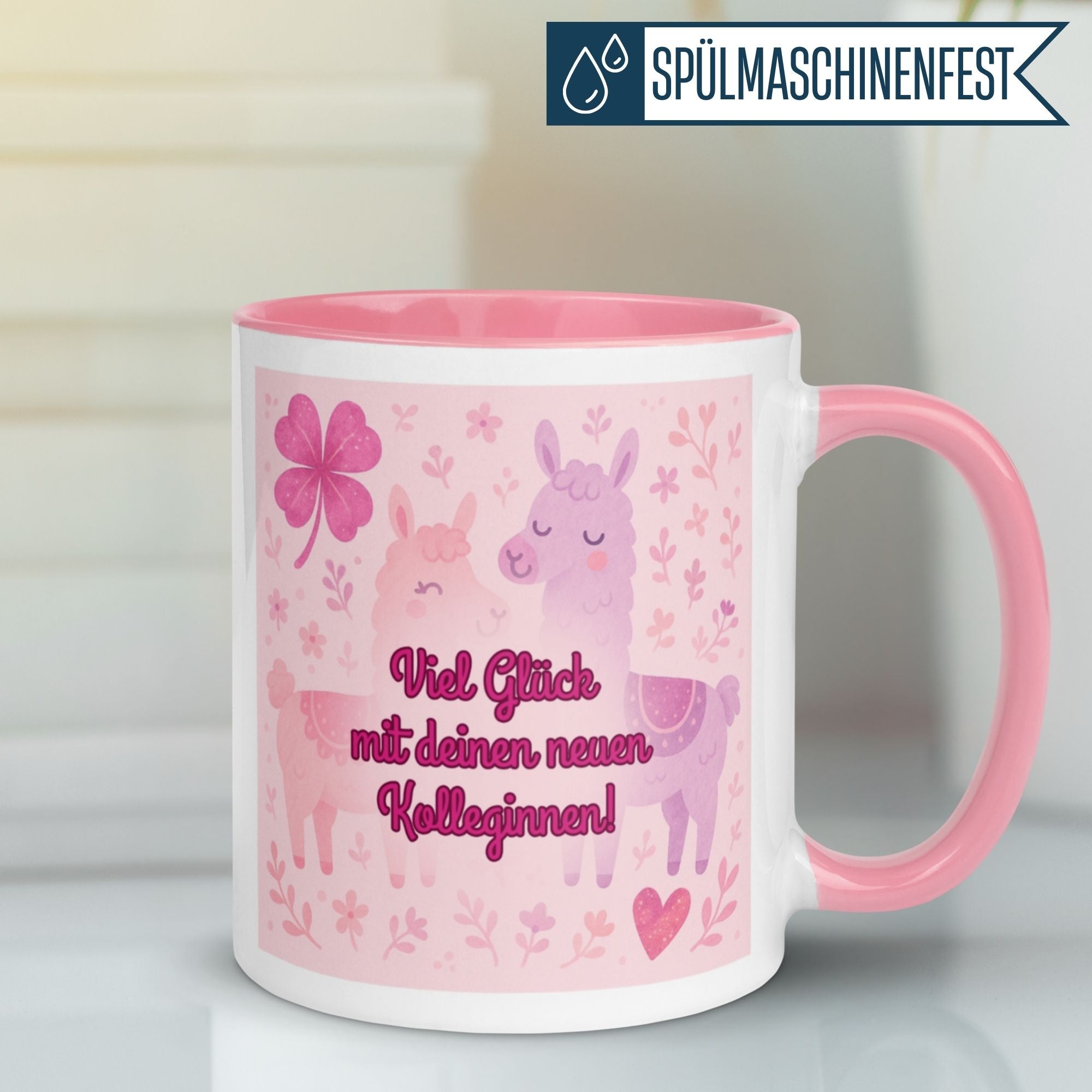 Momentals Tasse mit Lama-Motiv und Spruch für neue Kolleginnen, rosa, fröhliches Geschenk.