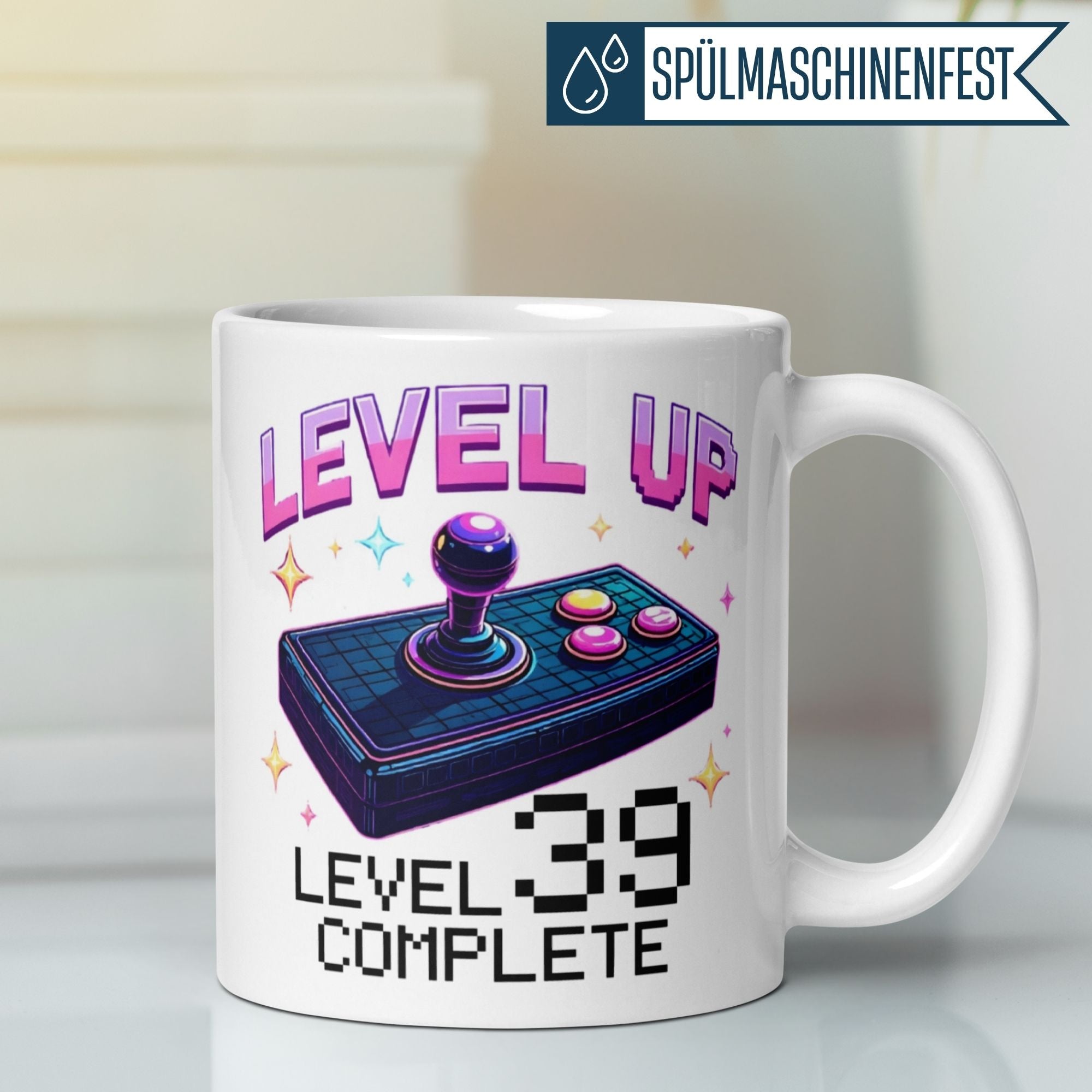 Colorful gaming mug with a retro joystick design celebrating Level 39 completed. Perfect for gamers!