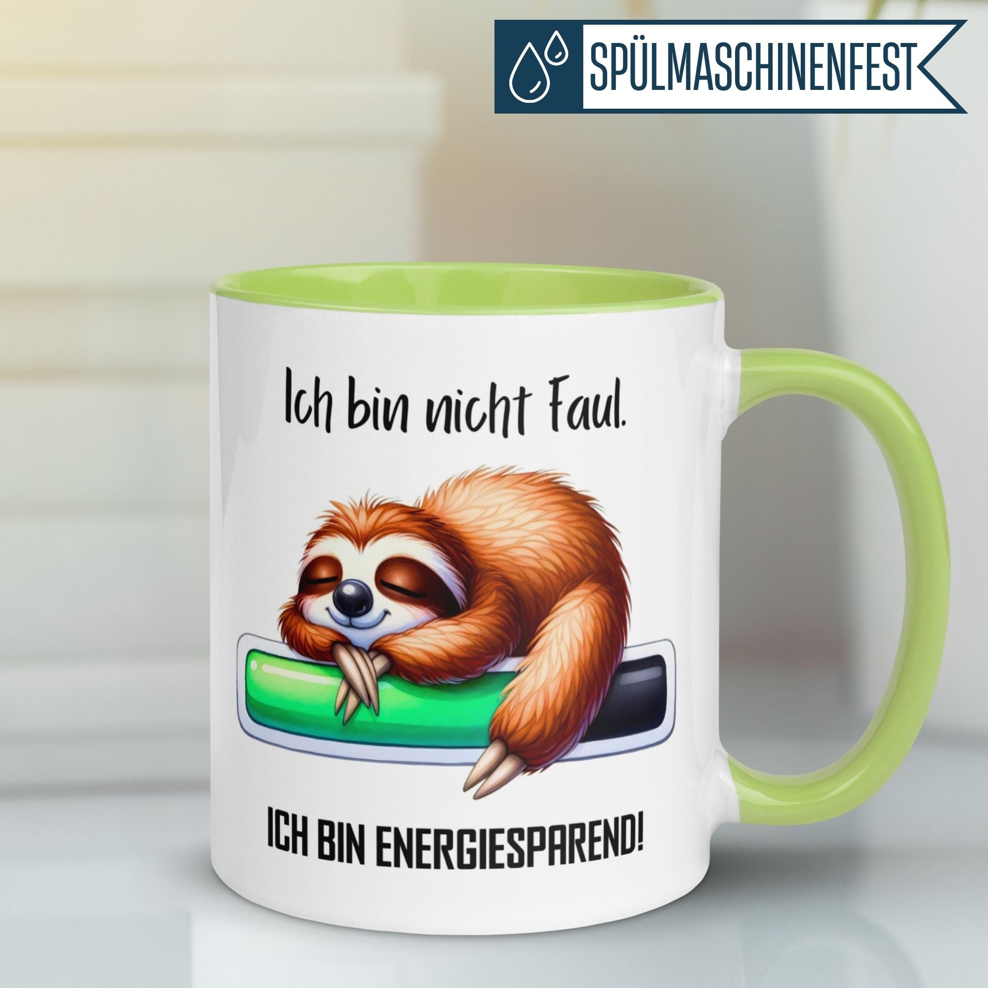 Momentals Tasse mit Faultier und Spruch: "Ich bin nicht faul – ich bin energiesparend!"