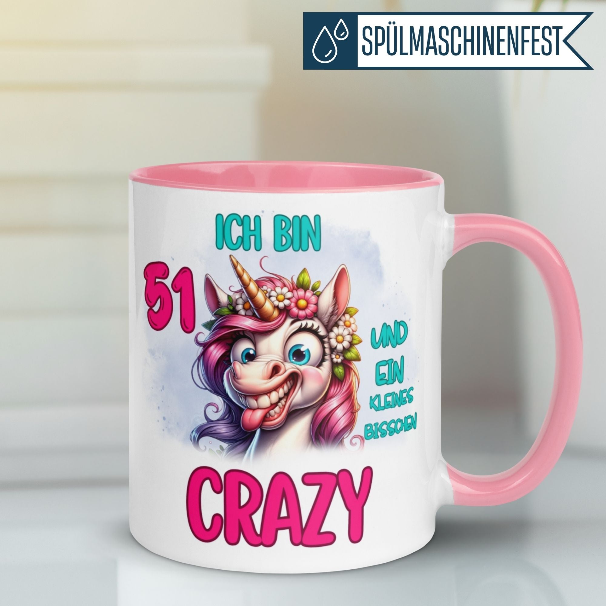 Momentals Tasse für 51. Geburtstag mit Einhorn-Motiv und Spruch 'Ich bin 51 und ein kleines bisschen crazy'