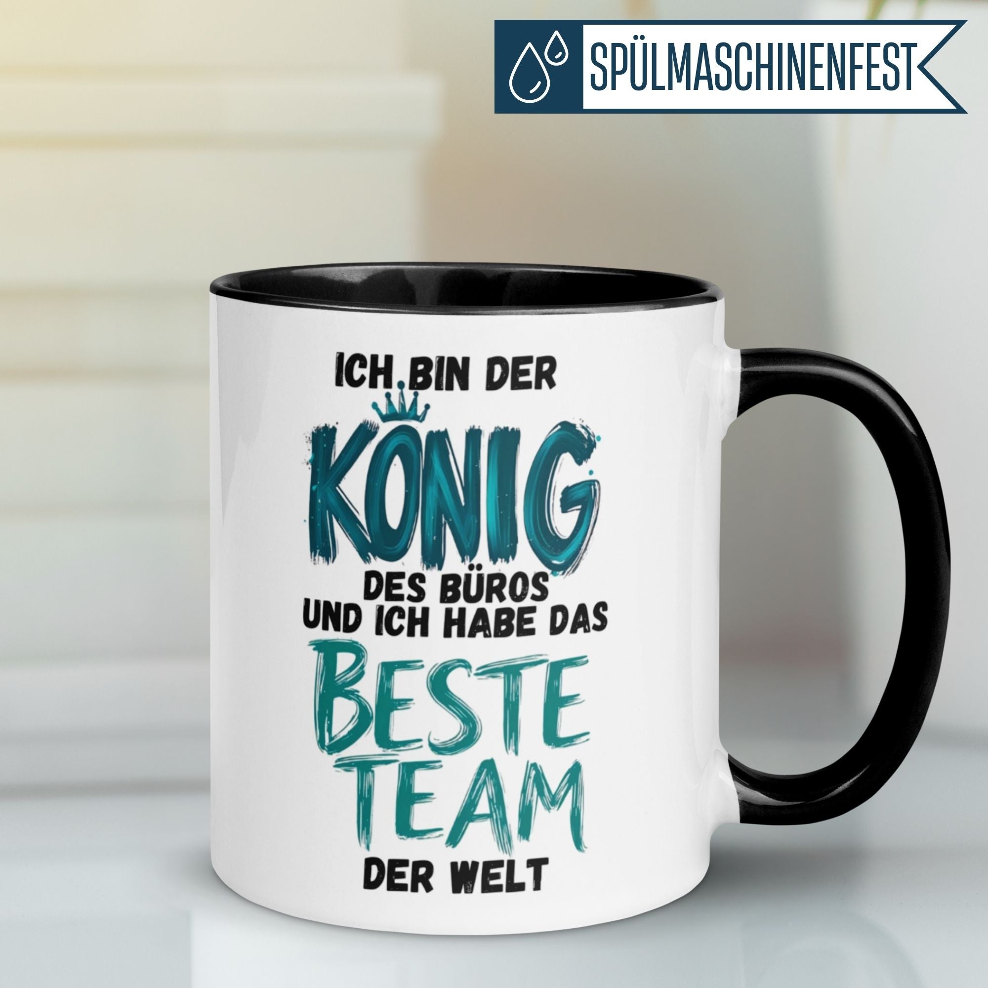 Momentals Tasse Chef mit dem Spruch: König des Büros und besten Team der Welt, ideal für Chef-Abschiede.