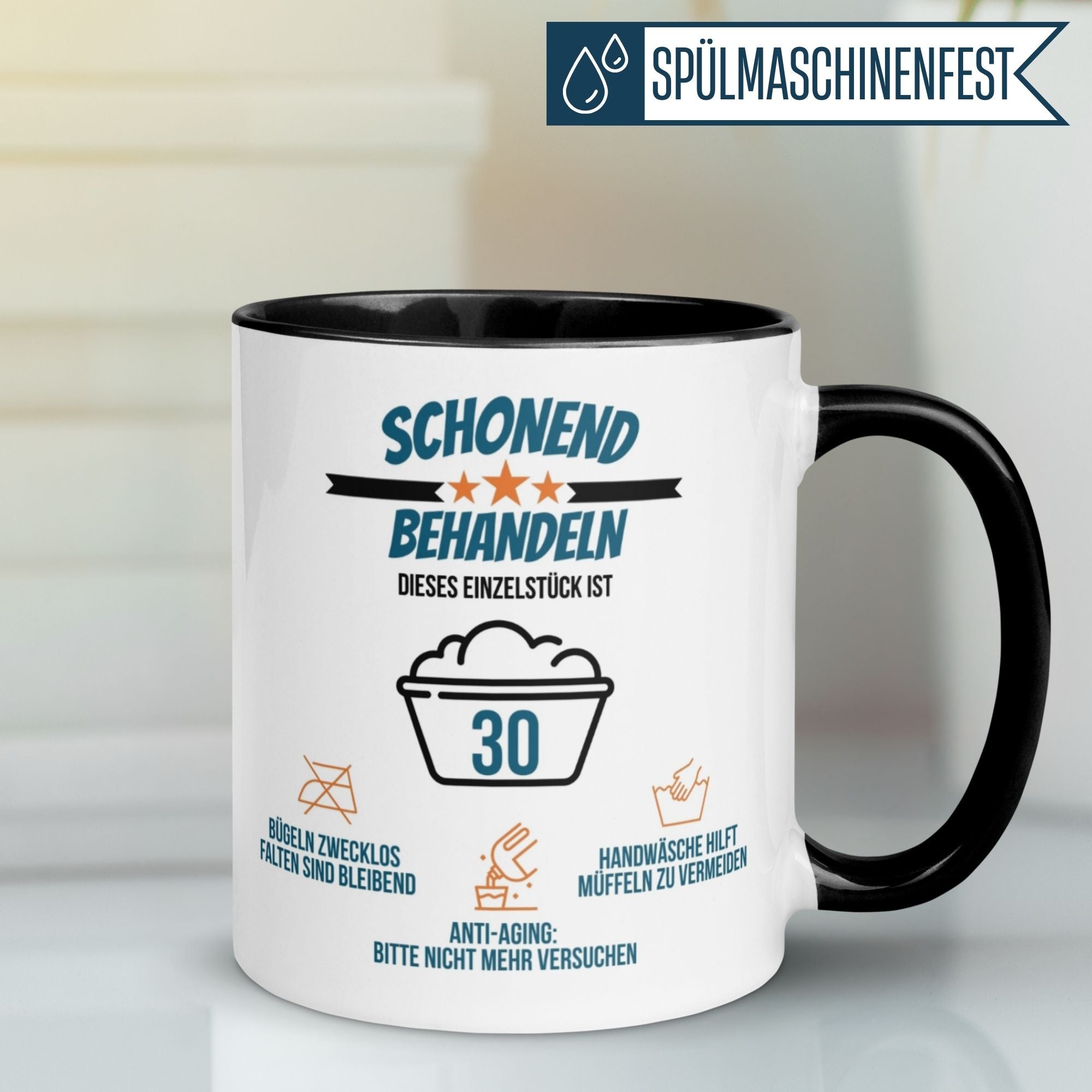 Momentals® 30. Geburtstag Tasse mit humorvollem Spruch und Pflegehinweisen für den perfekten Kaffeegenuss.