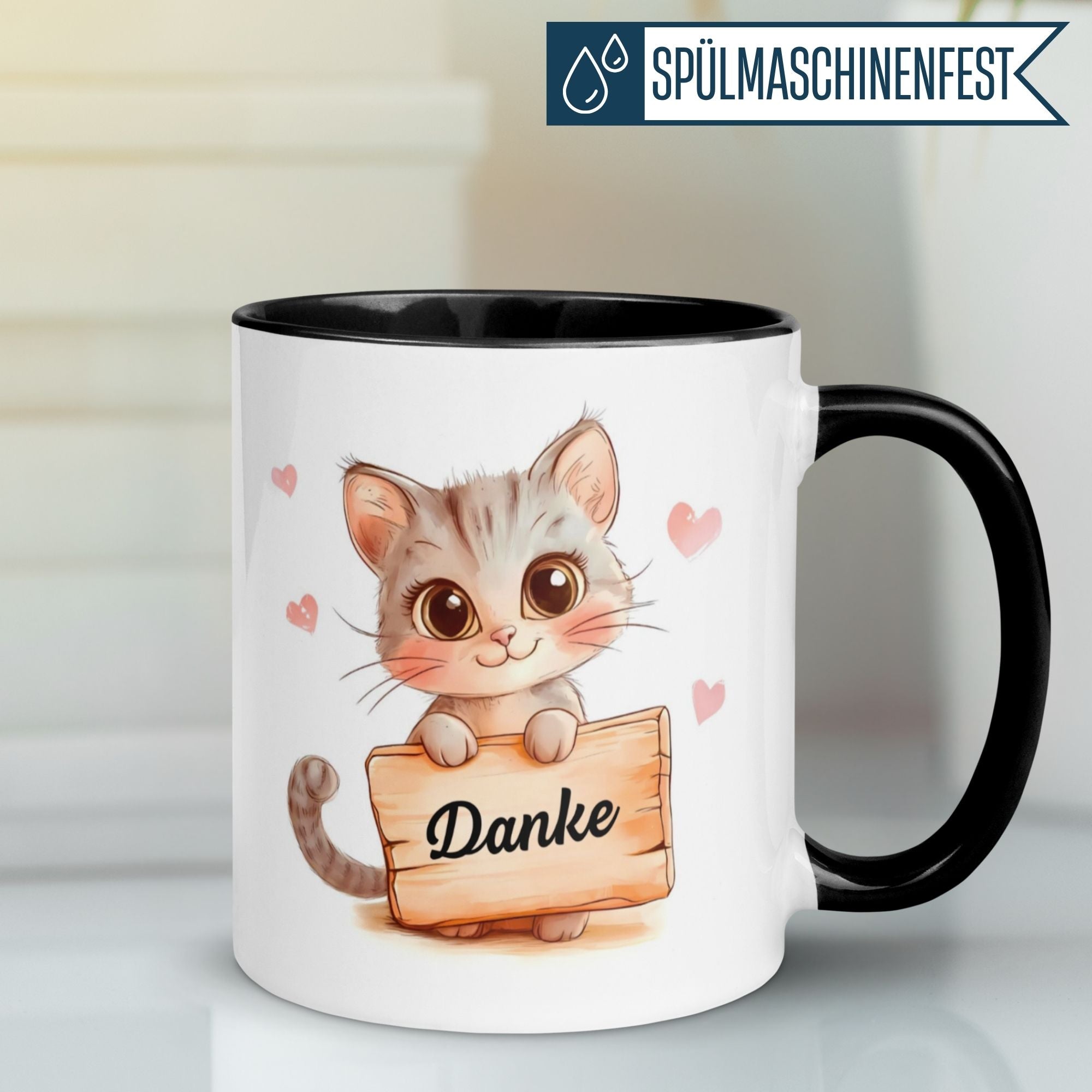 Momentals® Tasse mit süßer Katze und "Danke" Aufschrift, ideal für Wertschätzung in jeder Kaffeepause.