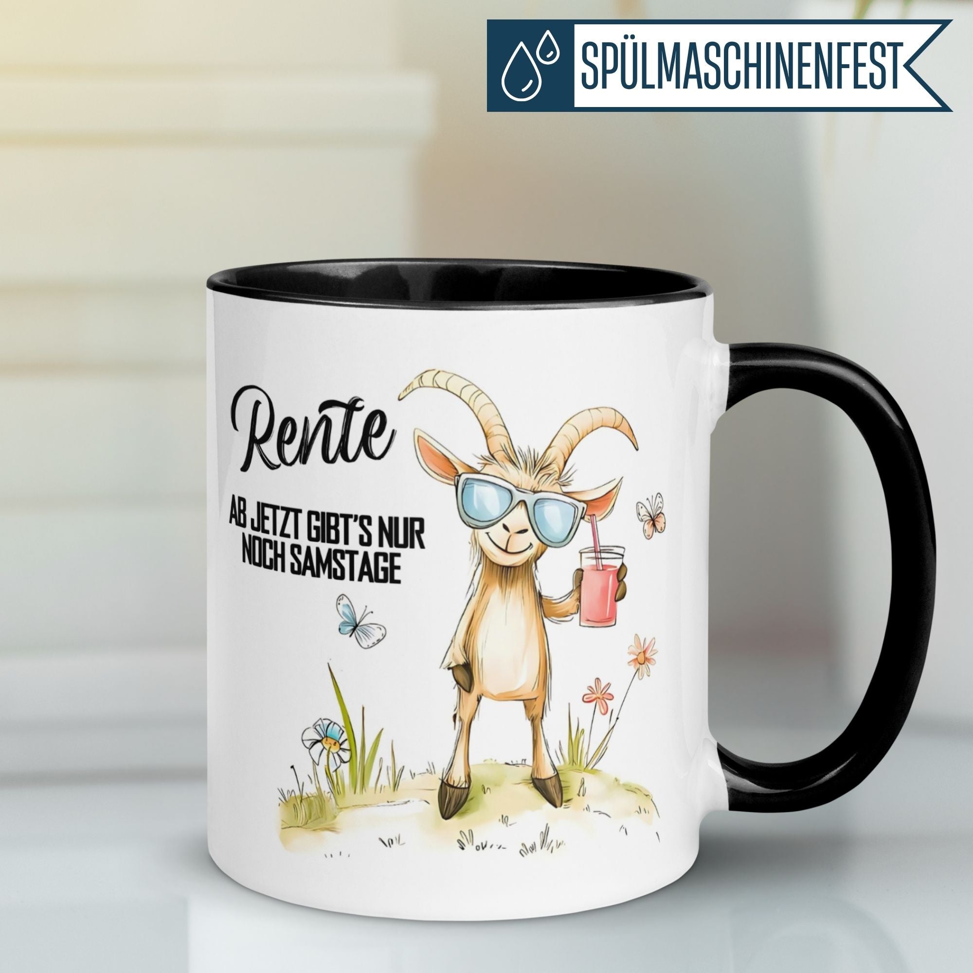 Momentals Tasse mit Ziege in Sonnenbrille, Spruch zur Rente "Ab jetzt gibt's nur noch Samstage" im fröhlichen Design.