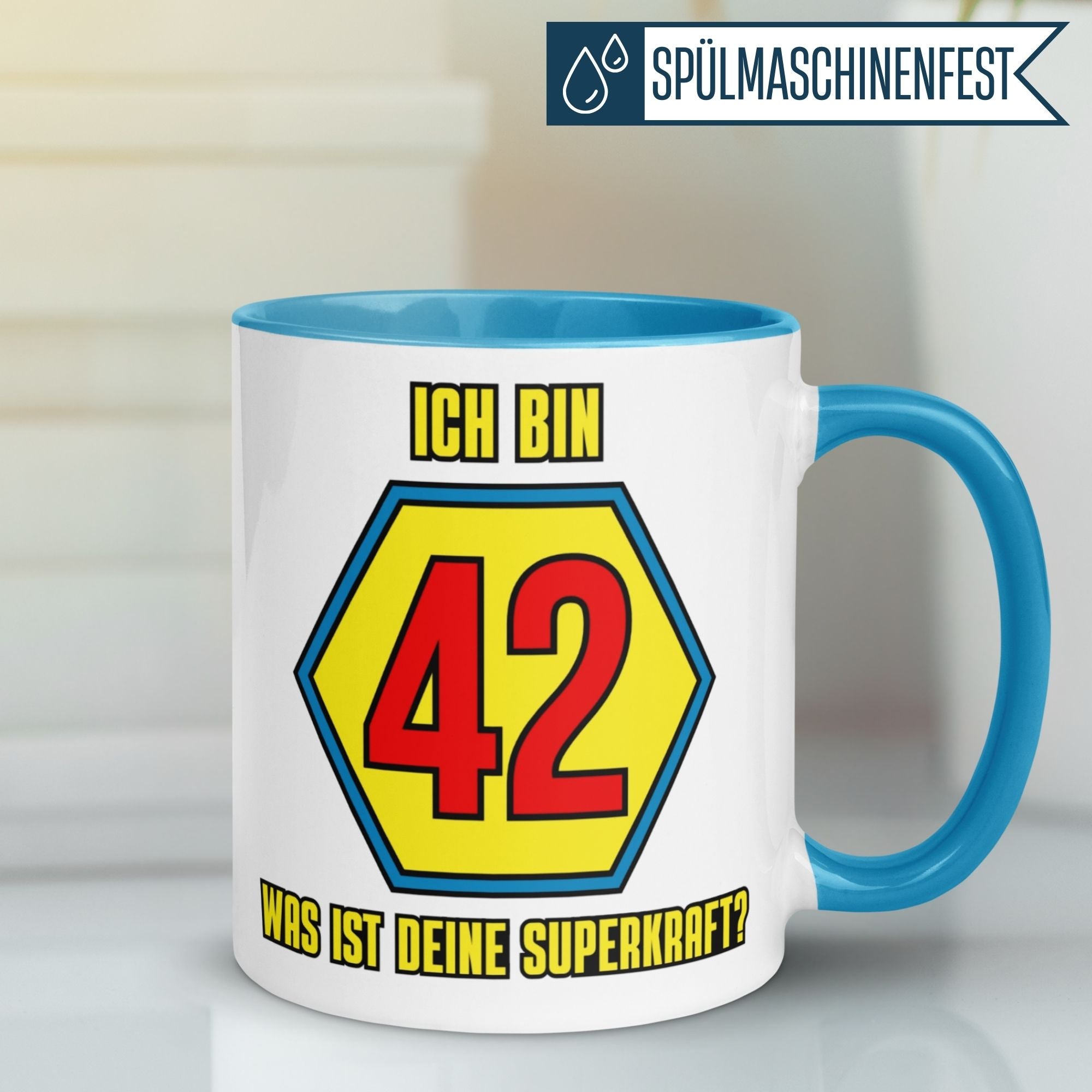 Momentals® Tasse 42. Geburtstag | Superheld & Spruch | Ich bin 42 und was ist deine Superkraft