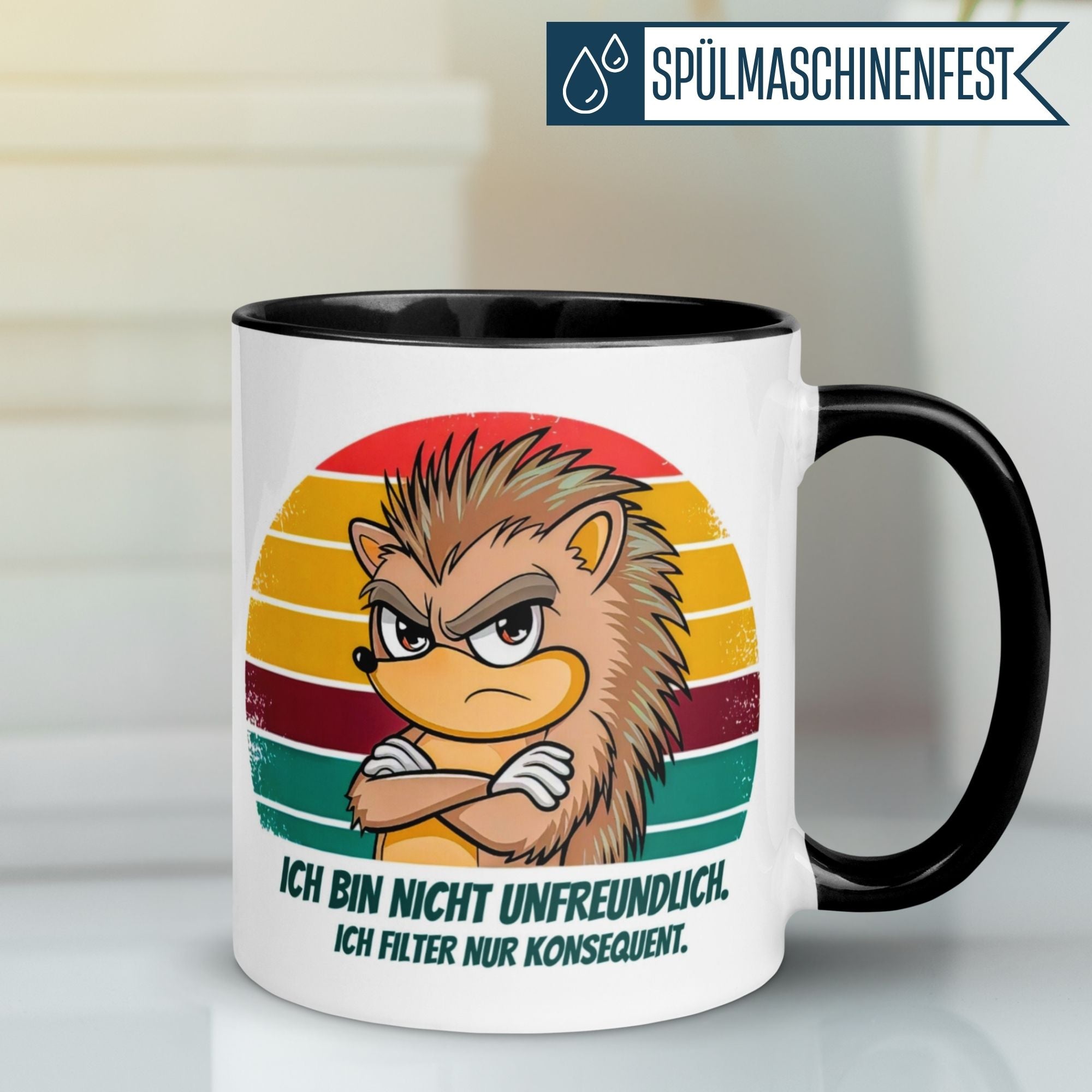 Momentals® Mug for morning grumps featuring an edgy hedgehog and the quote 'Ich bin nicht unfreundlich. Ich filter nur konsequent.'