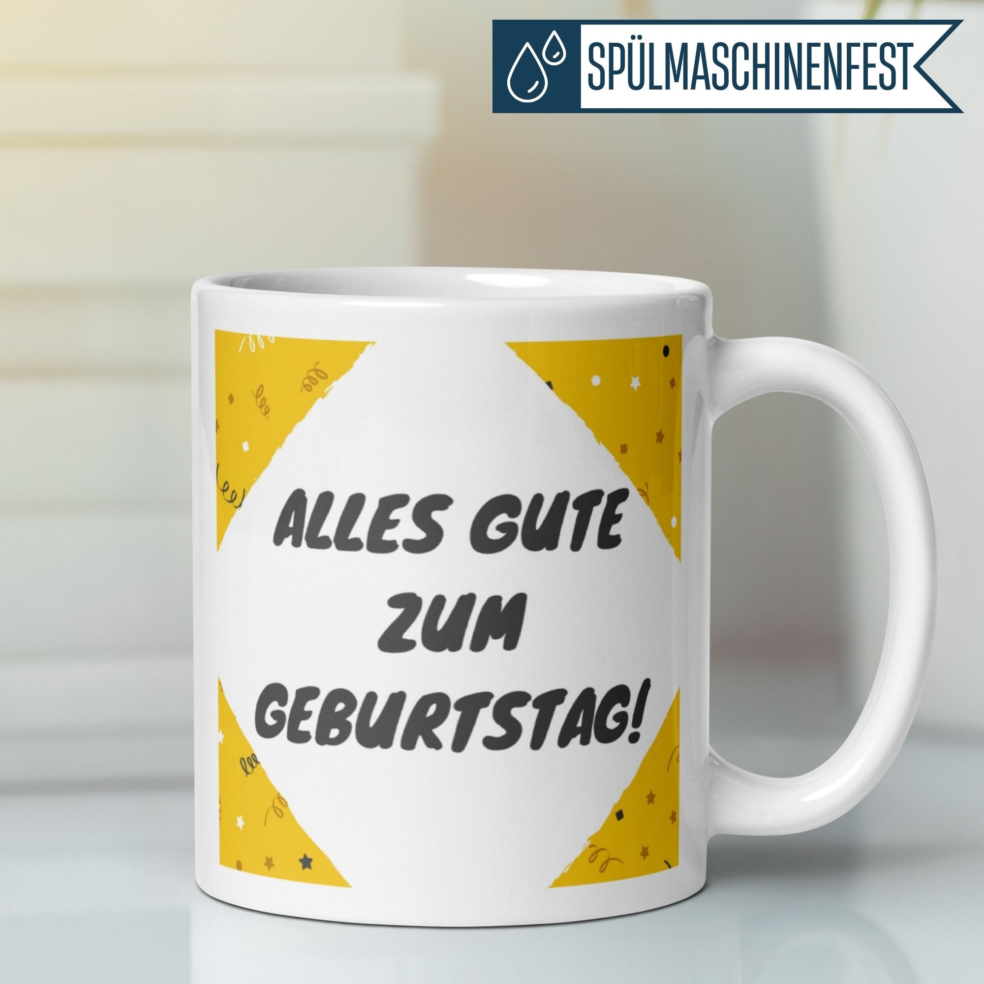Momentals® Tasse mit Geburtstagswunsch "Alles Gute zum Geburtstag" in fröhlichem Design.