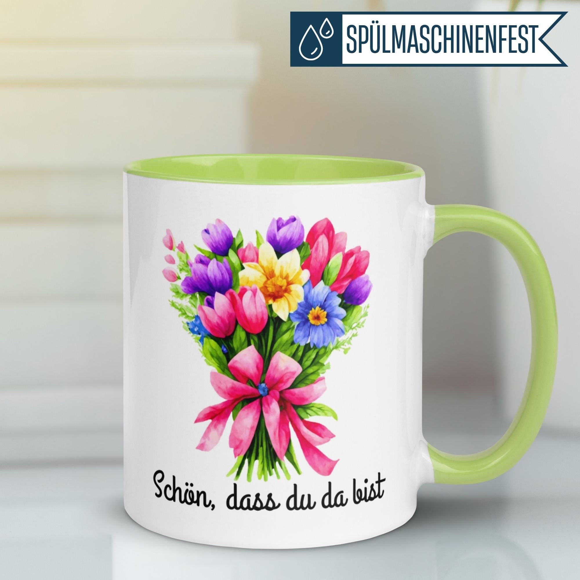 Momentals Tasse mit Blumenmotiv und Botschaft 'Schön, dass du da bist' für Wertschätzung.