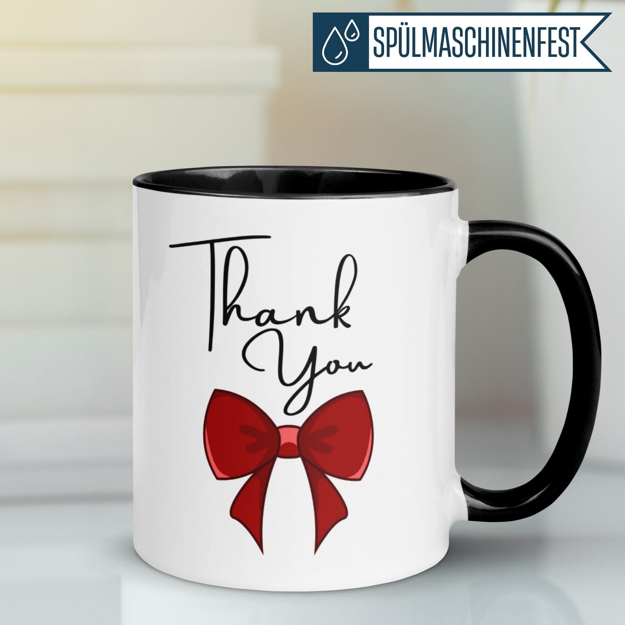Momentals® Tasse mit roter Schleife und 'Thank You' Schriftzug, perfekte Dankeschön-Geschenkidee.