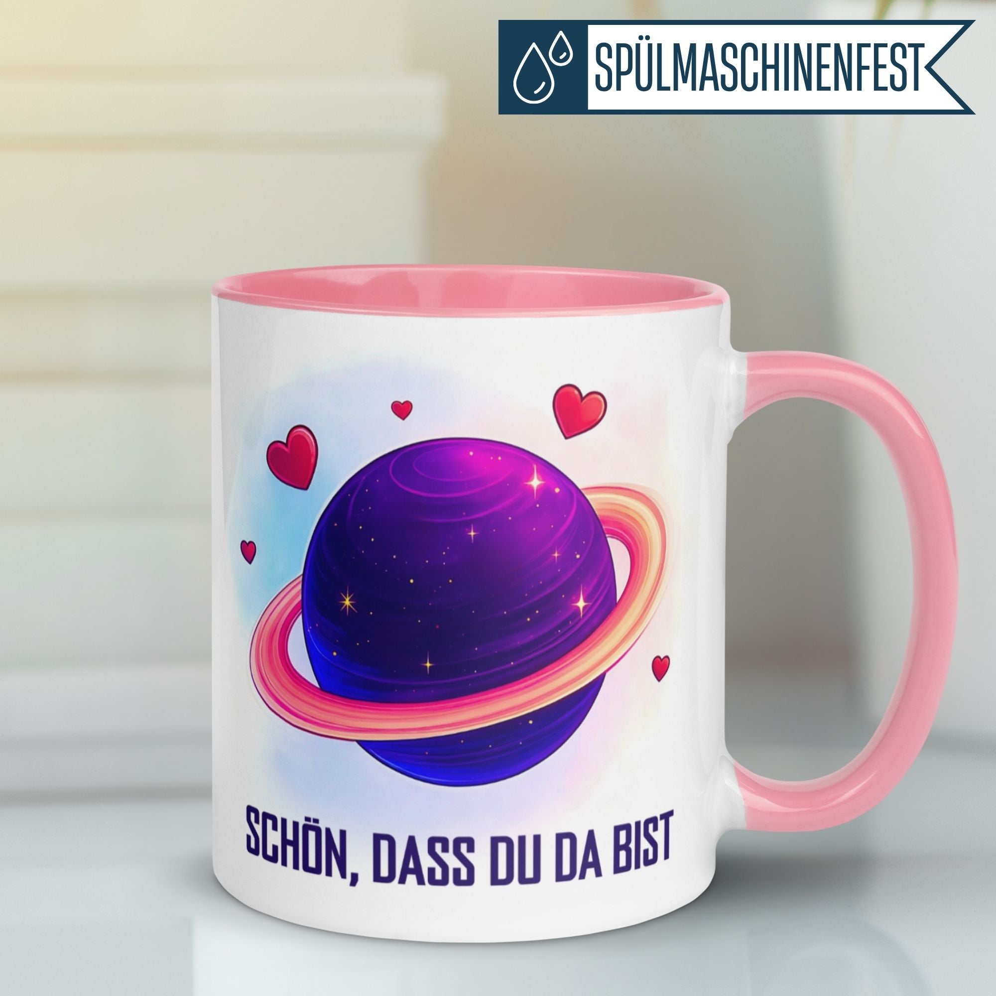 Momentals® Tasse mit Planet und Herzen, stilvoll Danke sagen: „Schön, dass du da bist“.