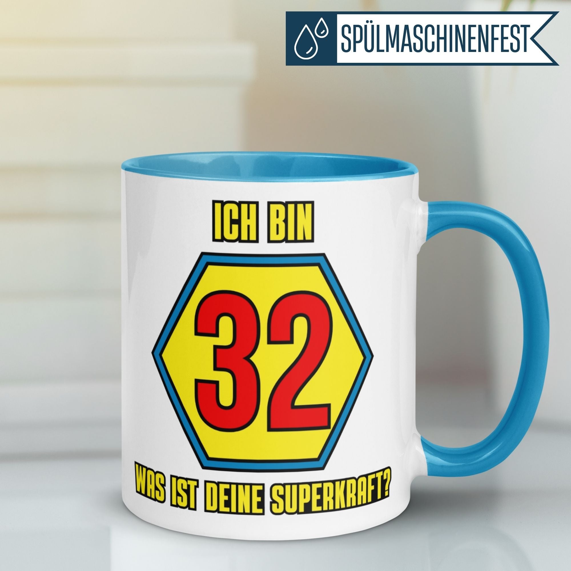 Momentals® Tasse 32. Geburtstag | Superheld & Spruch | Ich bin 32 und was ist deine Superkraft