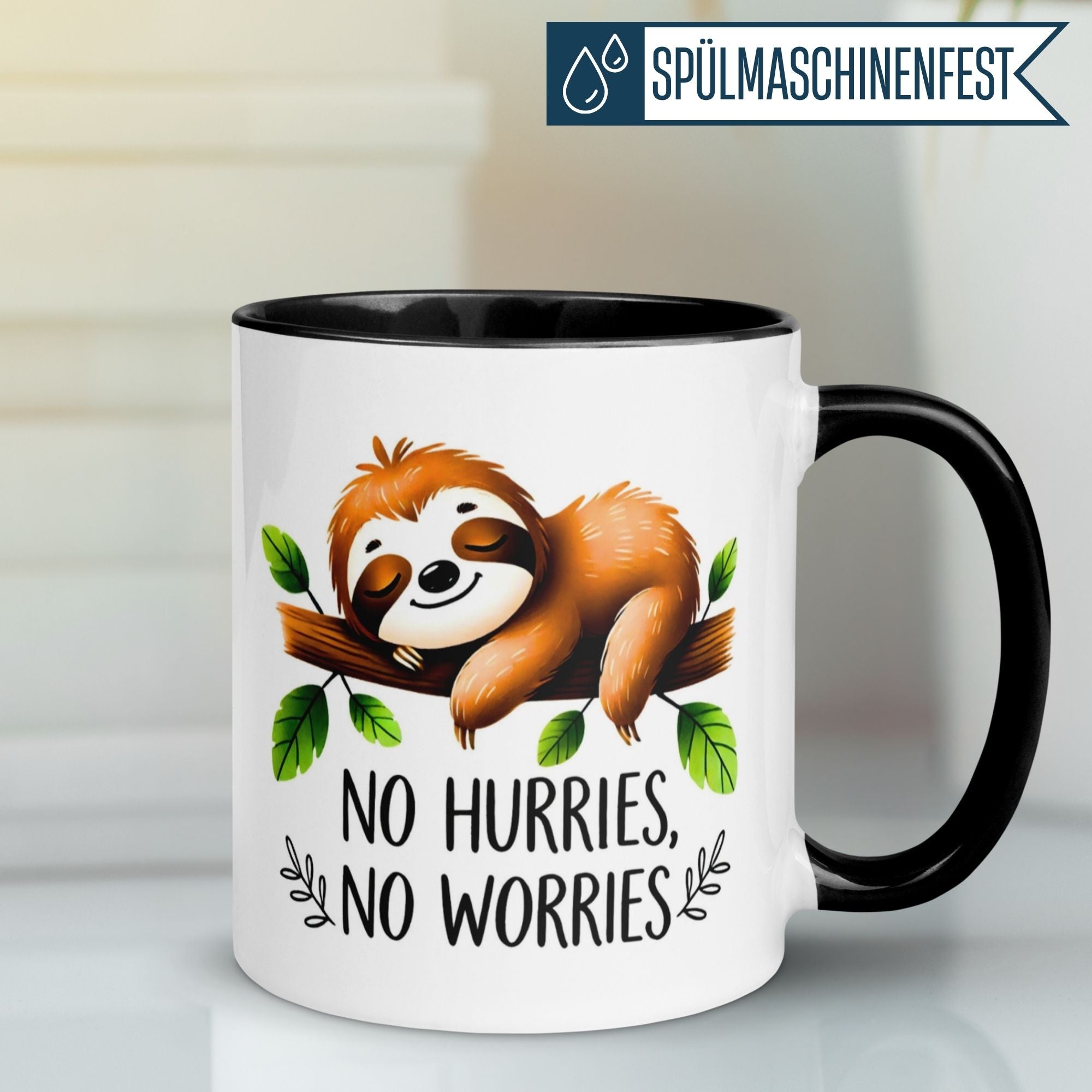 Momentals Tasse mit Faultier und Spruch "No Hurries, No Worries" für entspannte Momente.