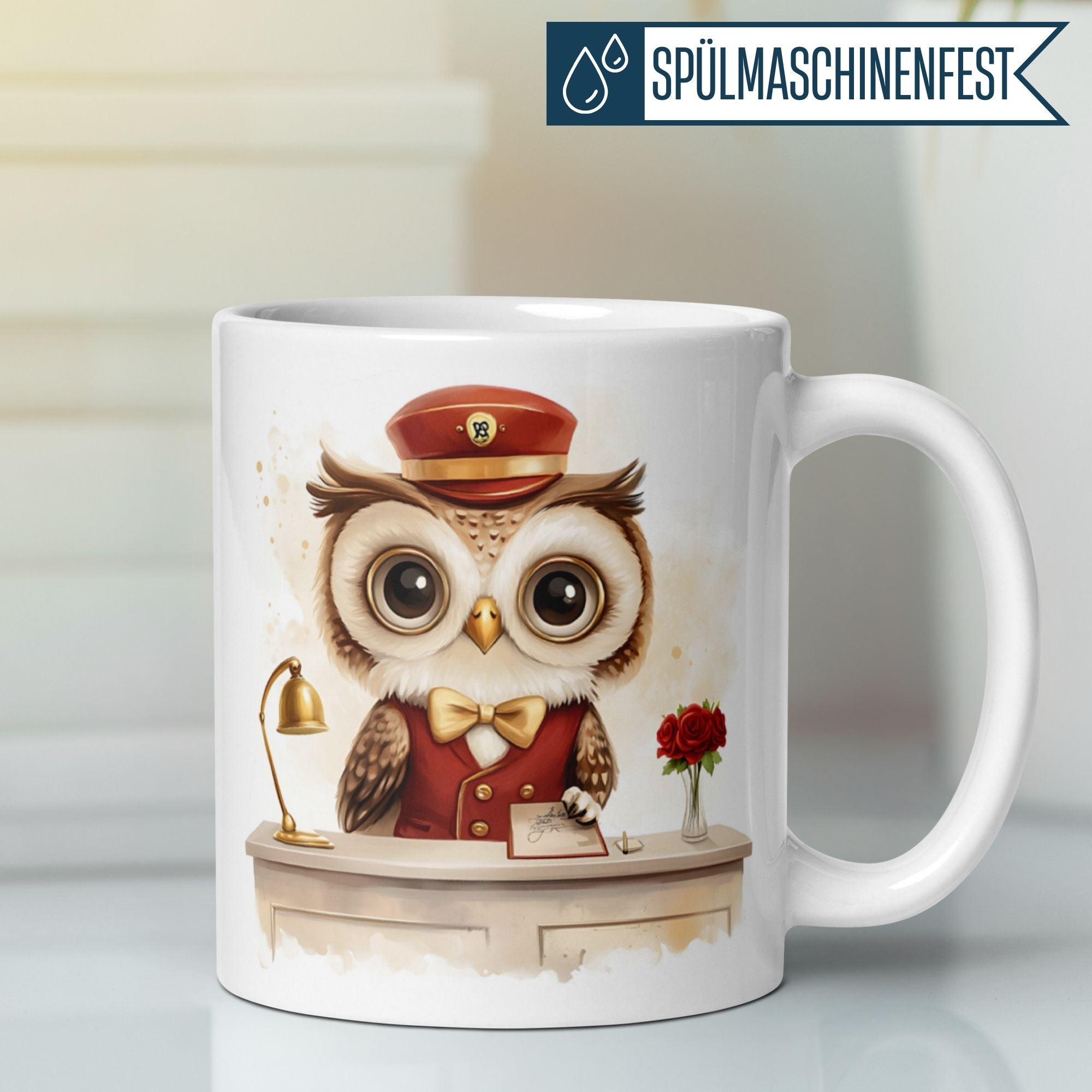 Charmante Eule in Empfangsuniform auf Momentals Tasse, ideal für humorvolle Tierliebhaber.