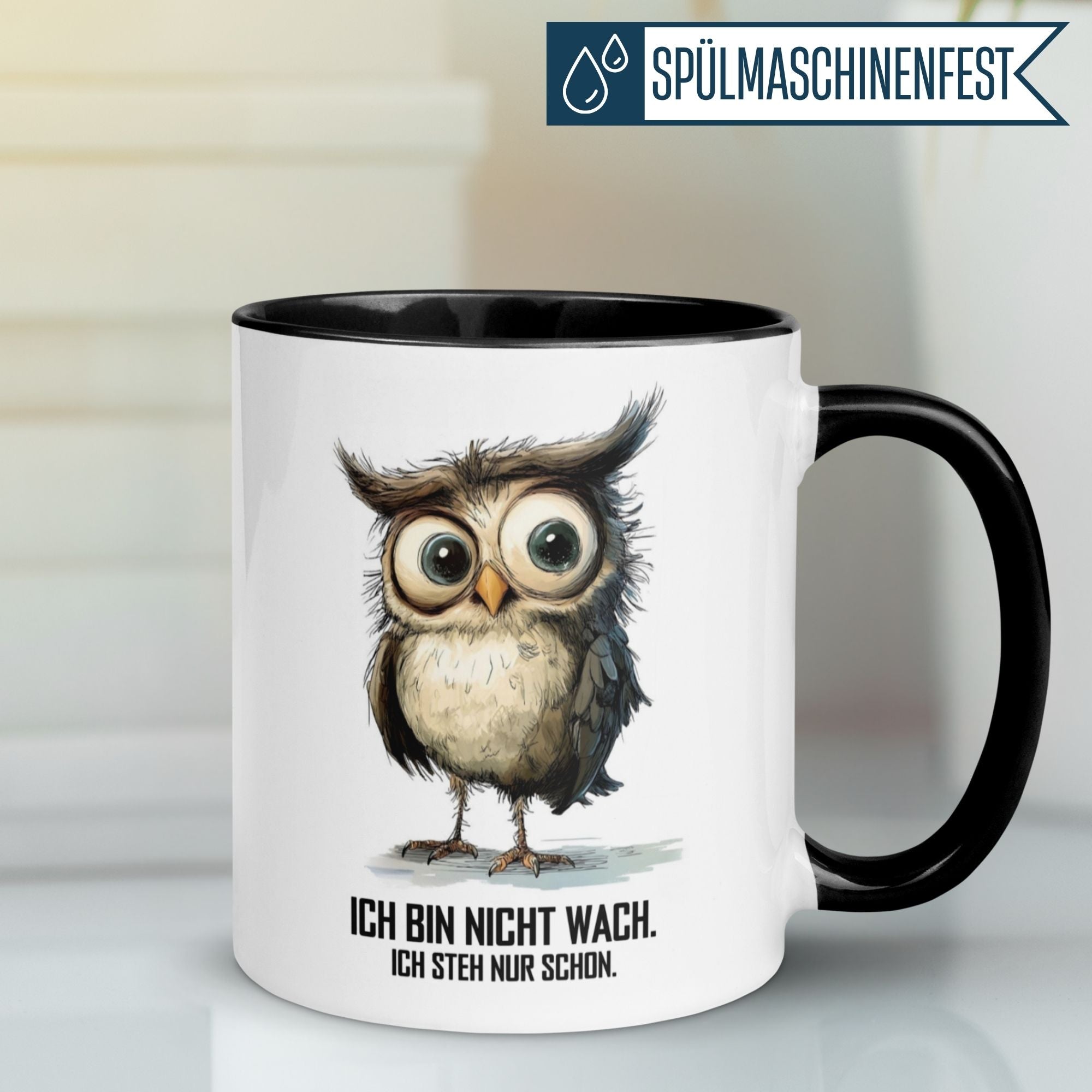 Momentals Tasse mit Eulen-Motiv und Spruch "Ich bin nicht wach. Ich steh nur schon." für Morgenmuffel.