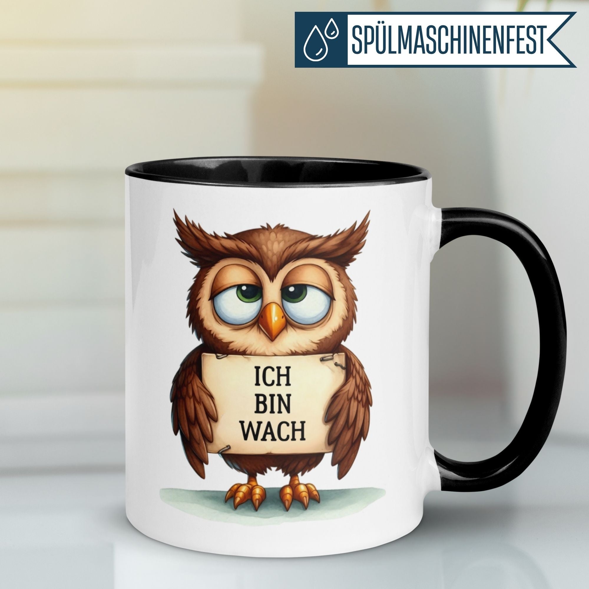 Humorous Momentals® mug featuring an owl with the text 'Ich bin wach' for morning coffee lovers.