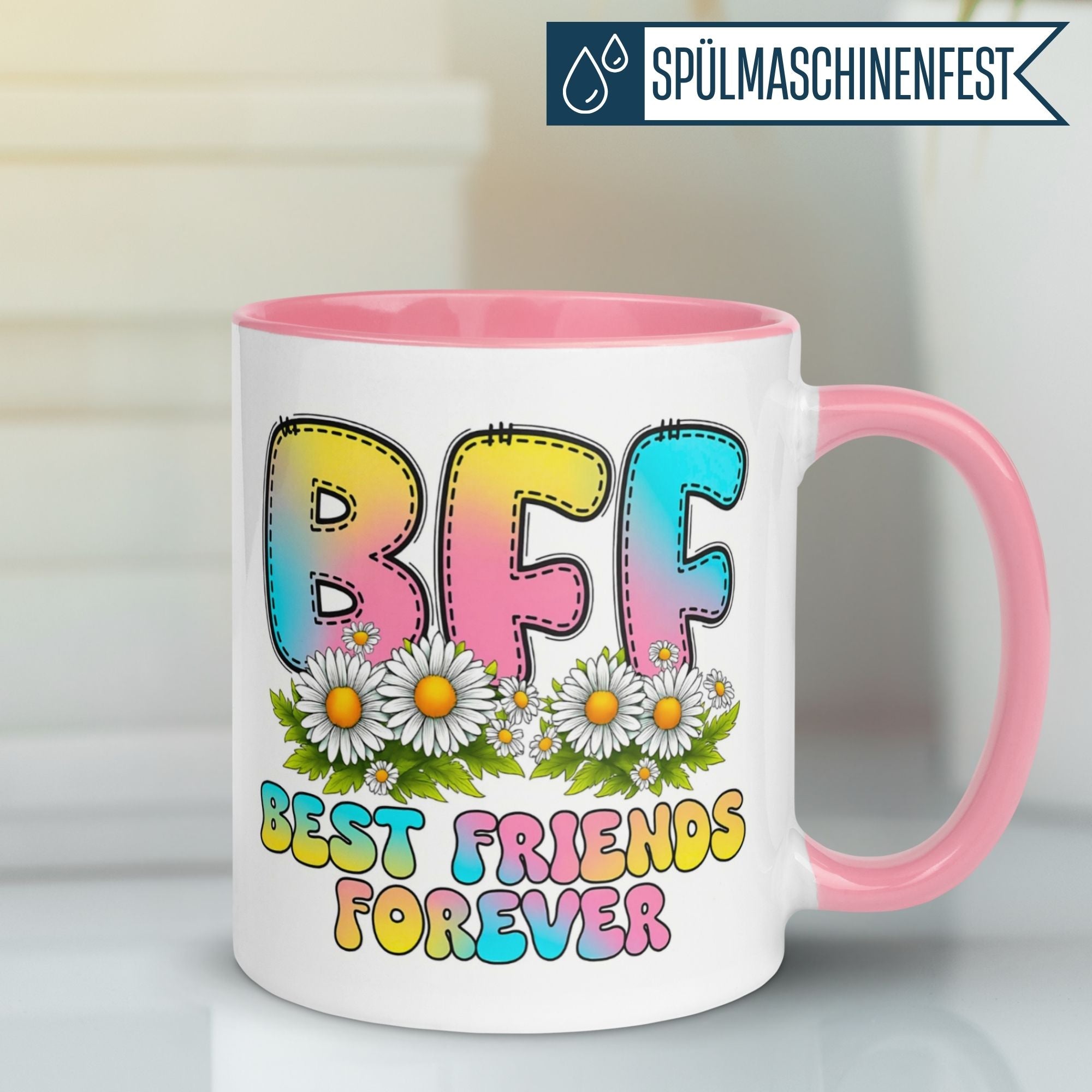 Momentals Tasse mit BFF Best Friends Forever und buntem Blumenmotiv, ideal für beste Freunde.