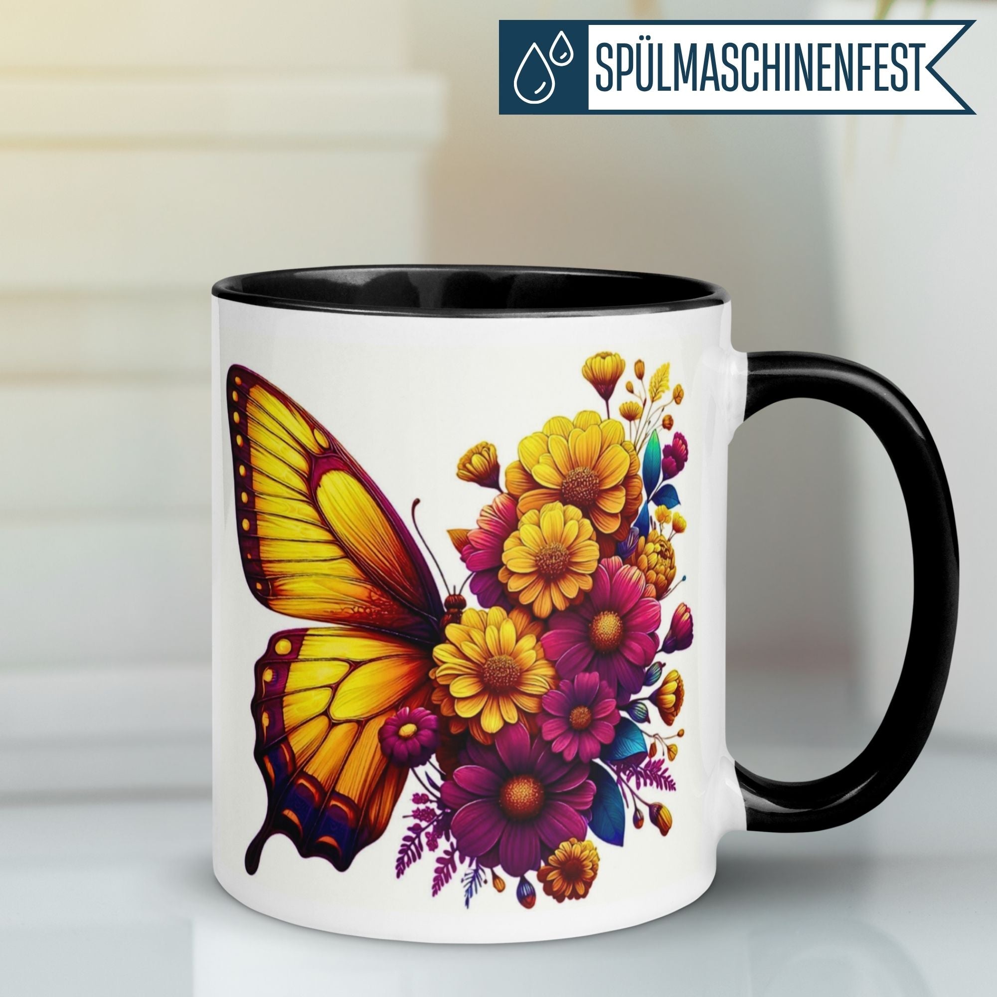 Momentals® Tasse | Schmetterling & Blumenbouquet | Farbenpracht in Gelb & Magenta