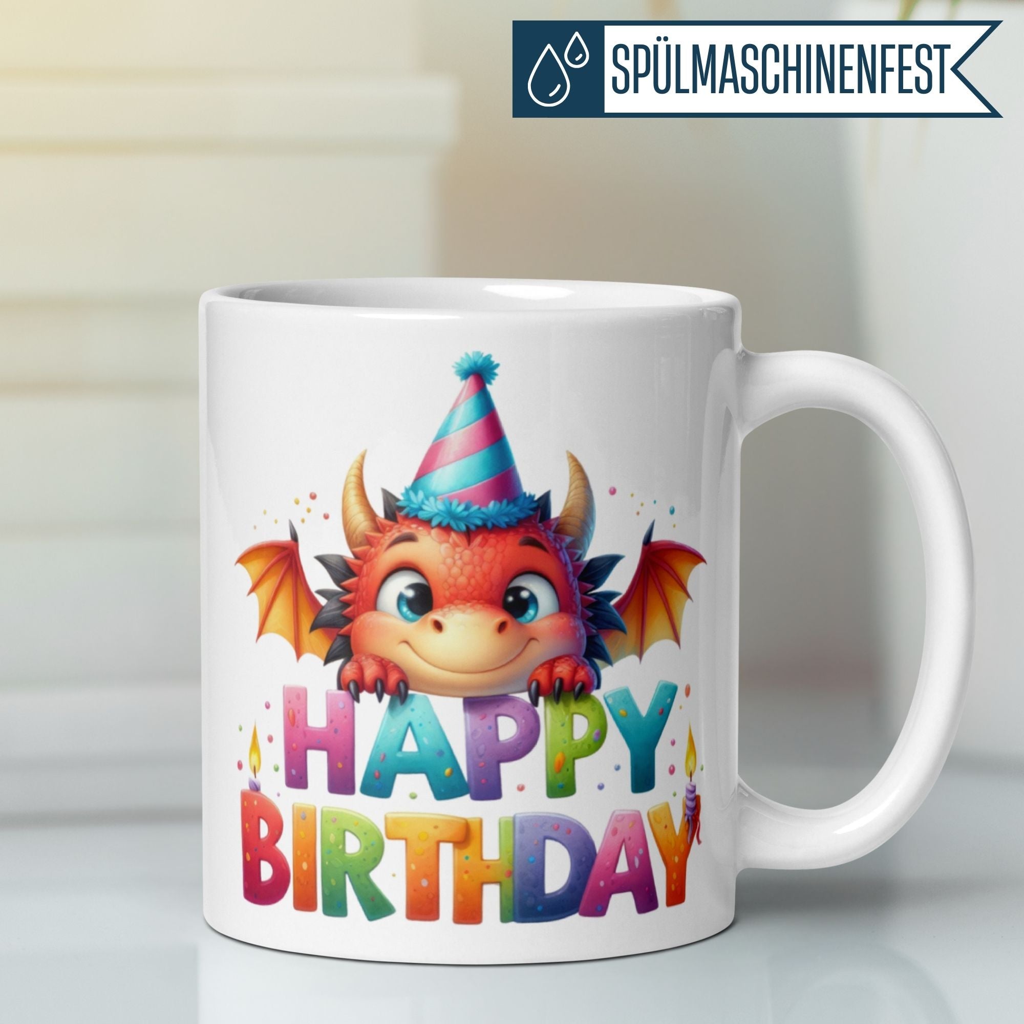 Colorful birthday mug featuring a cheerful dragon wearing a party hat and the text 'Happy Birthday'.