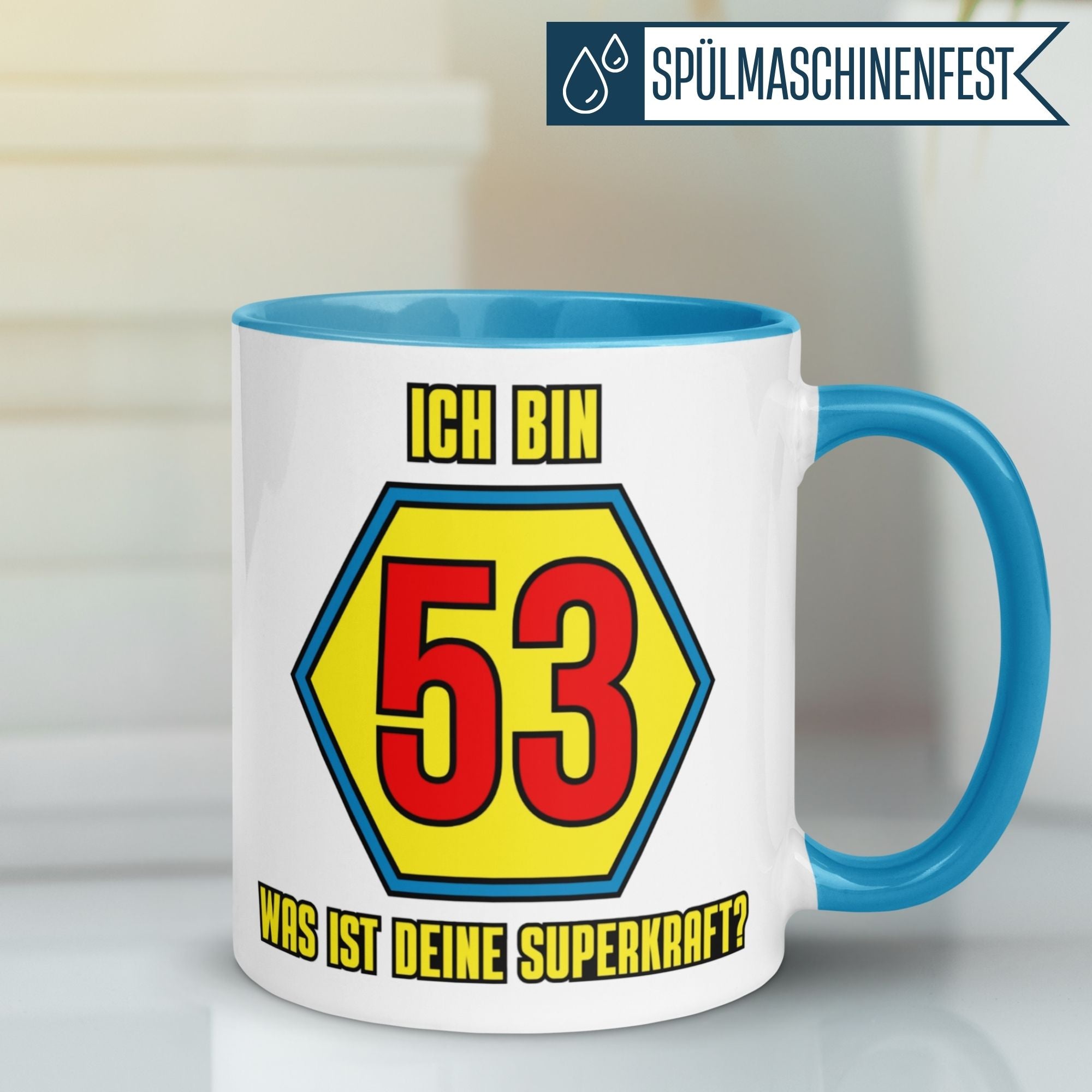 Momentals® Tasse 53. Geburtstag | Superheld & Spruch | Ich bin 53 und was ist deine Superkraft