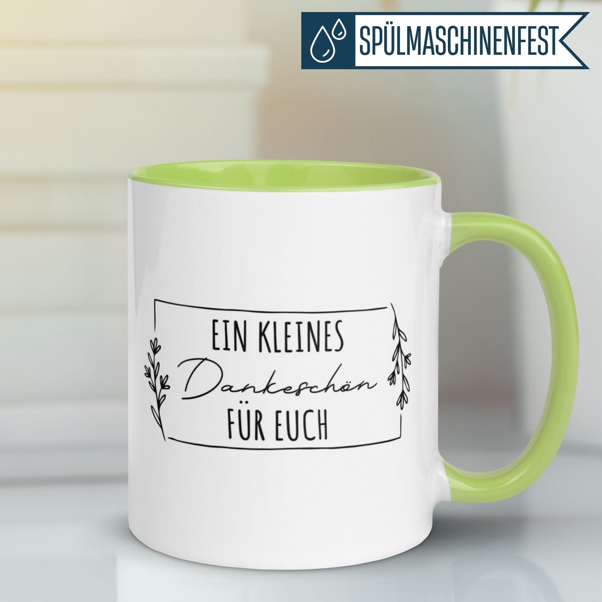 Momentals Tasse Danke mit grünem Henkel, Aufdruck "Ein kleines Dankeschön für euch"