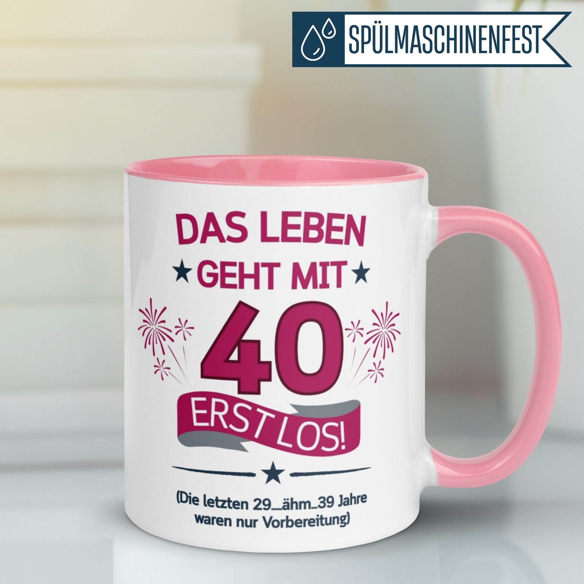 Momentals® Tasse zum 40. Geburtstag mit Spruch und Sternen in Pink, perfekte Geschenkidee für Frauen.