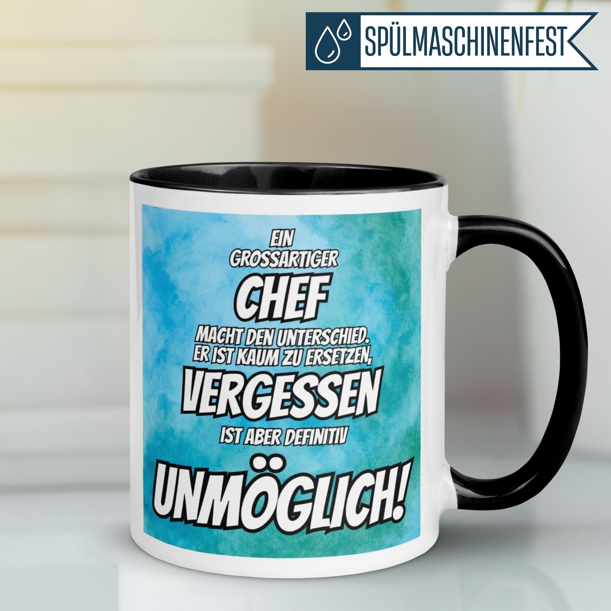 Momentals Tasse für Abschied mit humorvollem Spruch über unersetzliche Chefs auf türkis-blauem Hintergrund