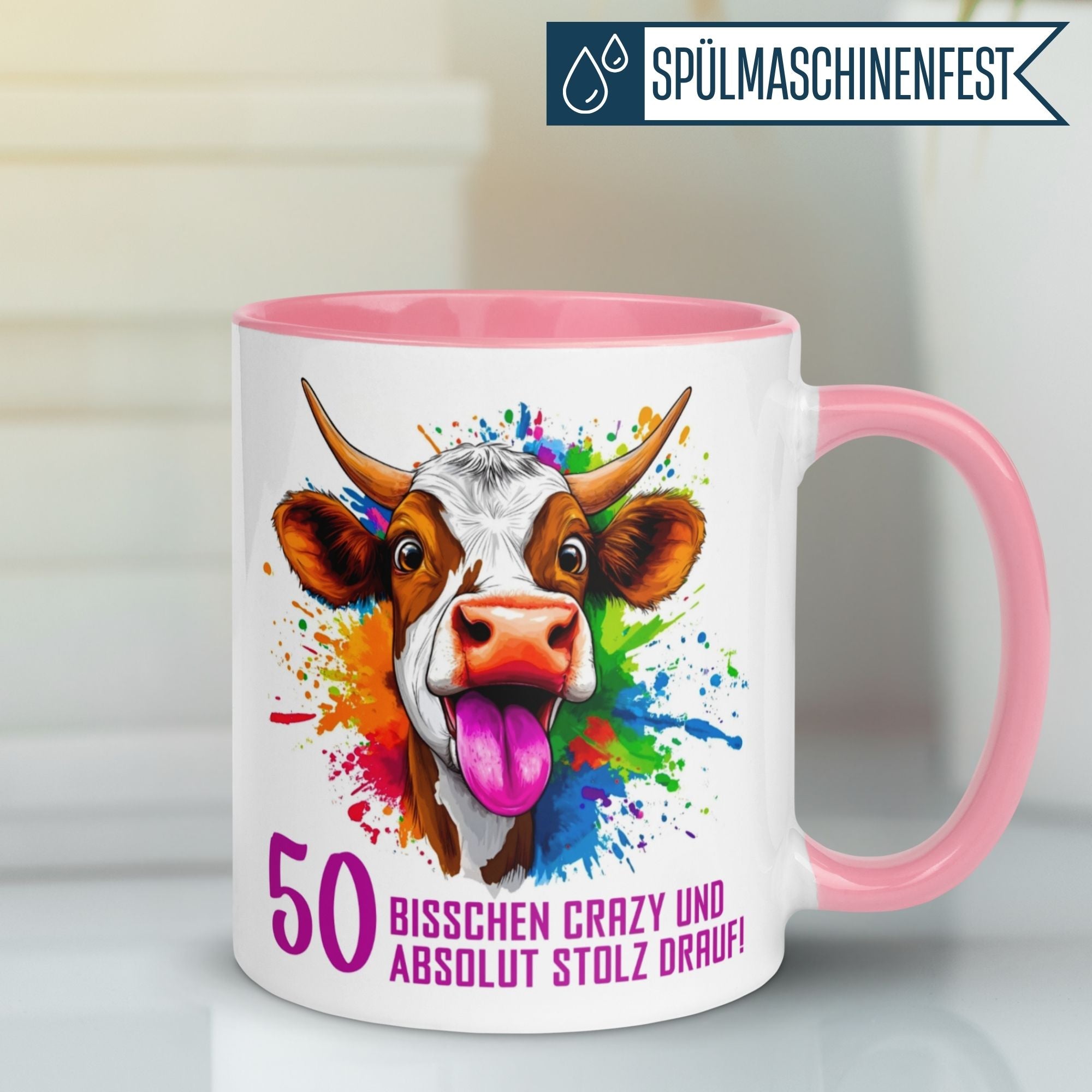 Momentals® Tasse zum 50. Geburtstag mit Kuh-Motiv, spritziger Spruch, perfekt für Kaffeeliebhaber.
