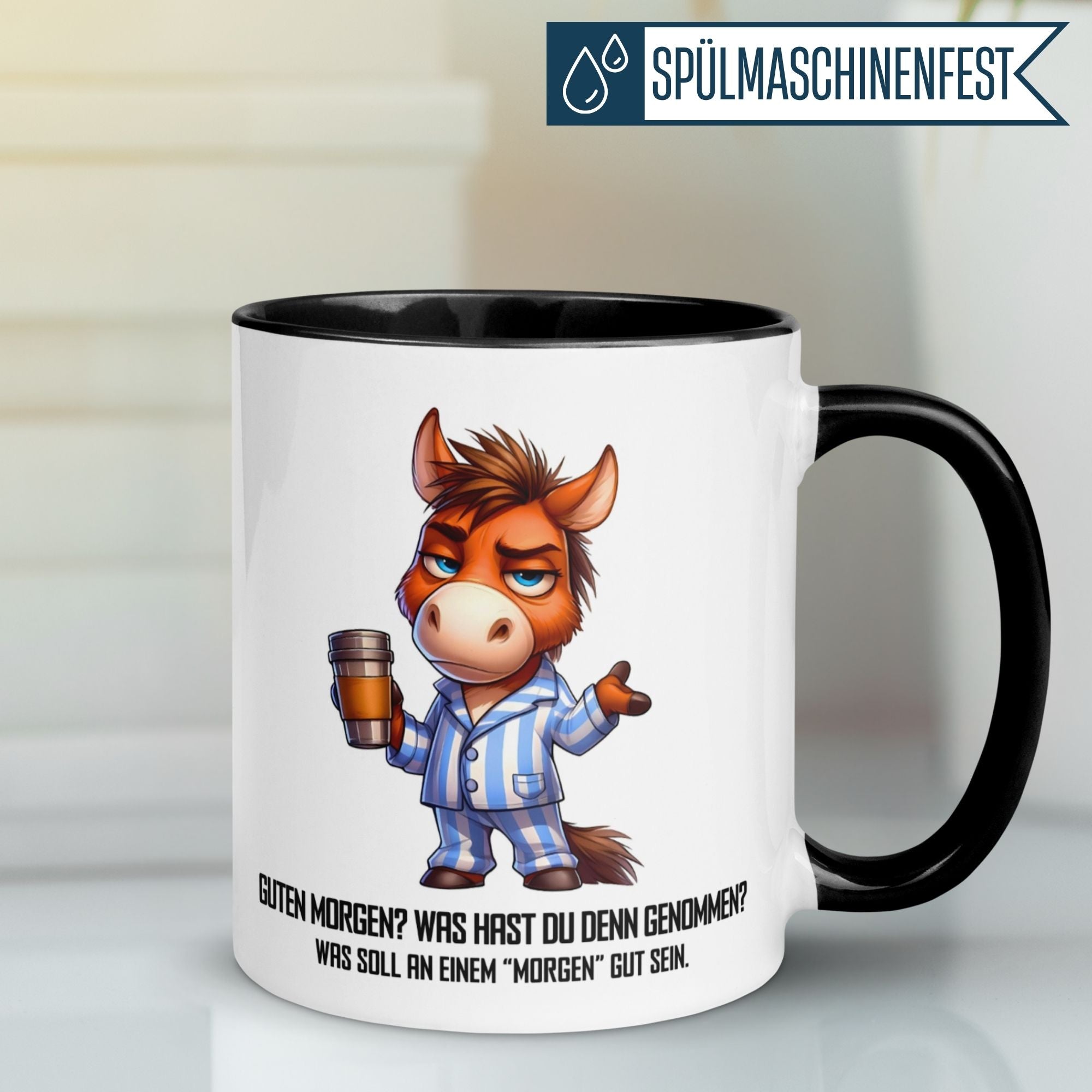Momentals® Tasse mit Maultier im Pyjama und witzigem Spruch über Morgenmuffel.