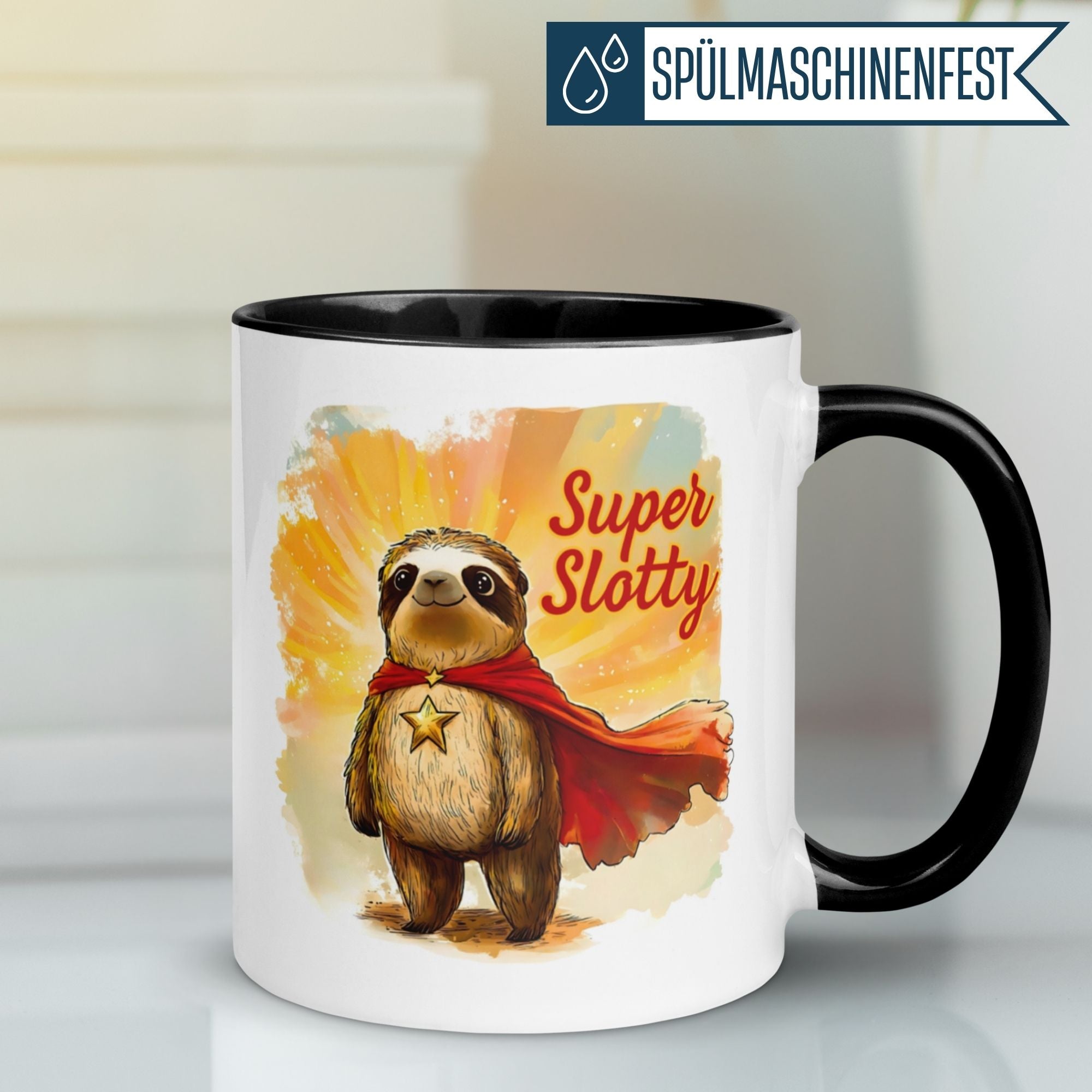 Momentals Tasse mit Superhelden-Faultier "Super Slotty" und rotem Umhang, charmant und witzig