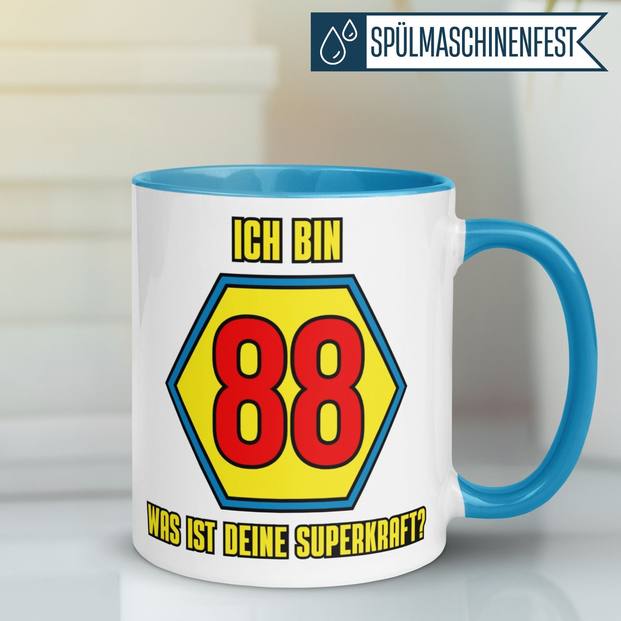 Momentals® Tasse 88. Geburtstag | Superheld & Spruch | Ich bin 88 und was ist deine Superkraft