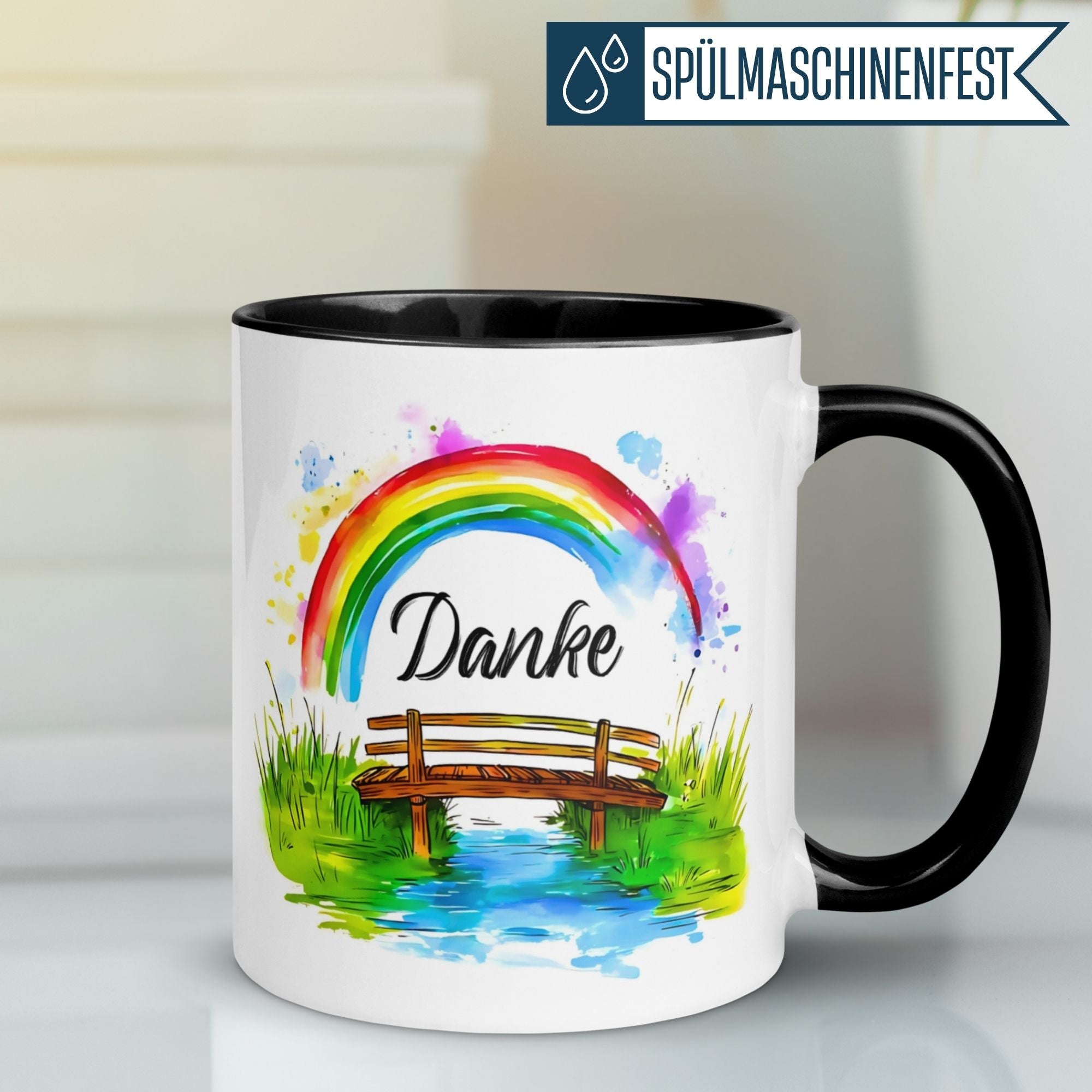 Momentals Tasse Danke mit Regenbogen und Brücke, perfekte Wertschätzung für jeden Anlass.