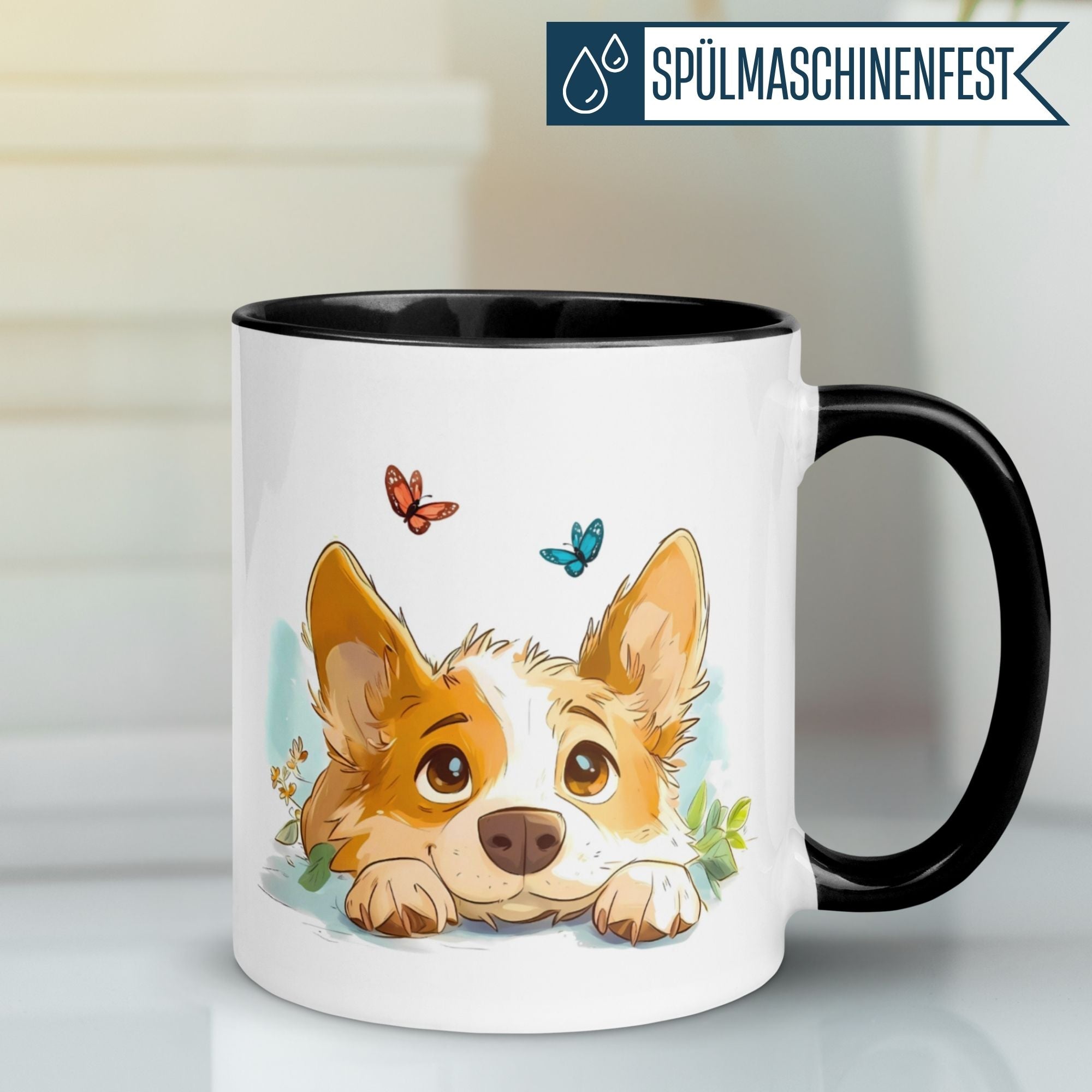 Momentals® Tasse Morgenmuffel mit Corgi und Schmetterlingen, perfekt für Kaffee-Liebhaber.