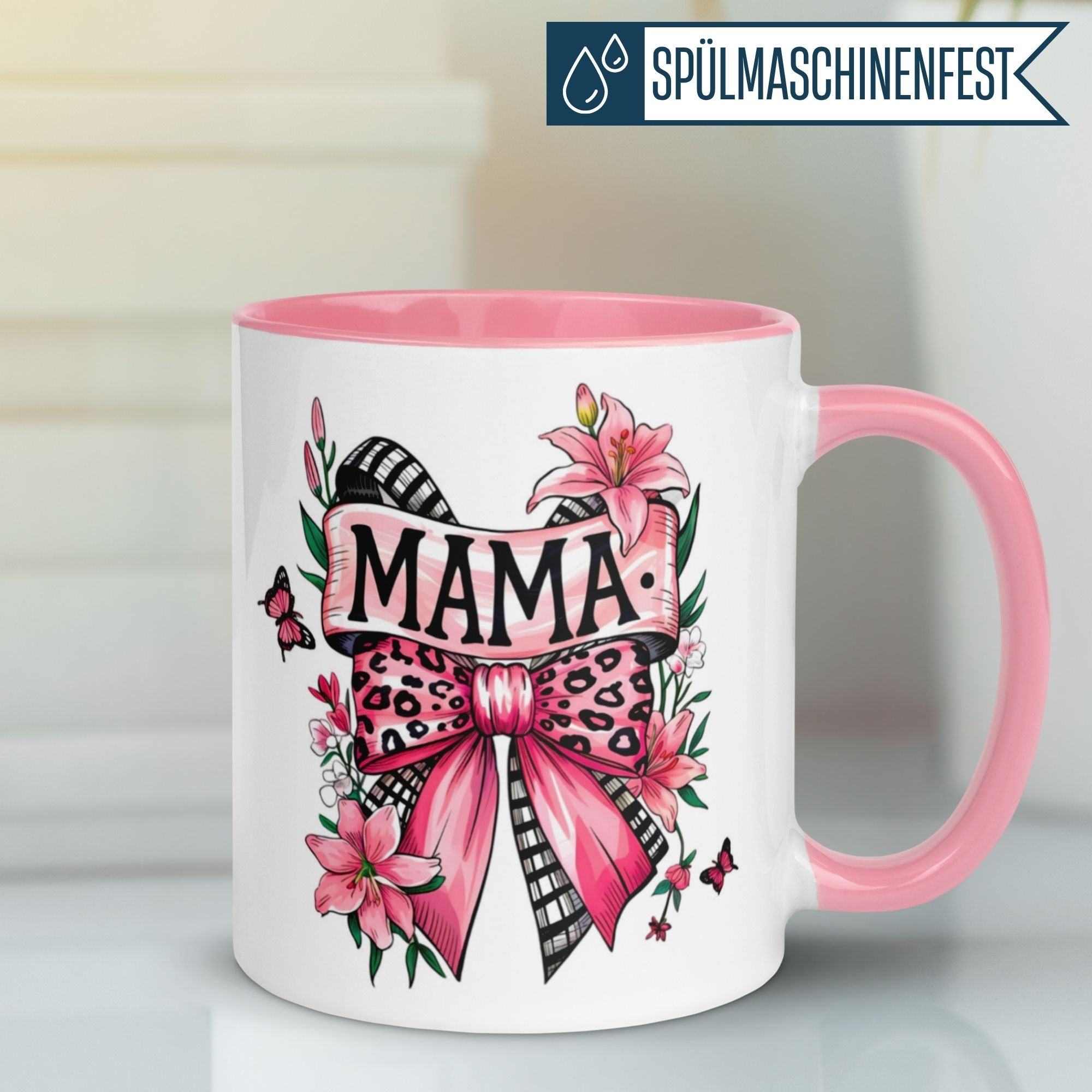 Momentals® Tasse Mama | Banner & Blumen | Rosa Leopardenschleife