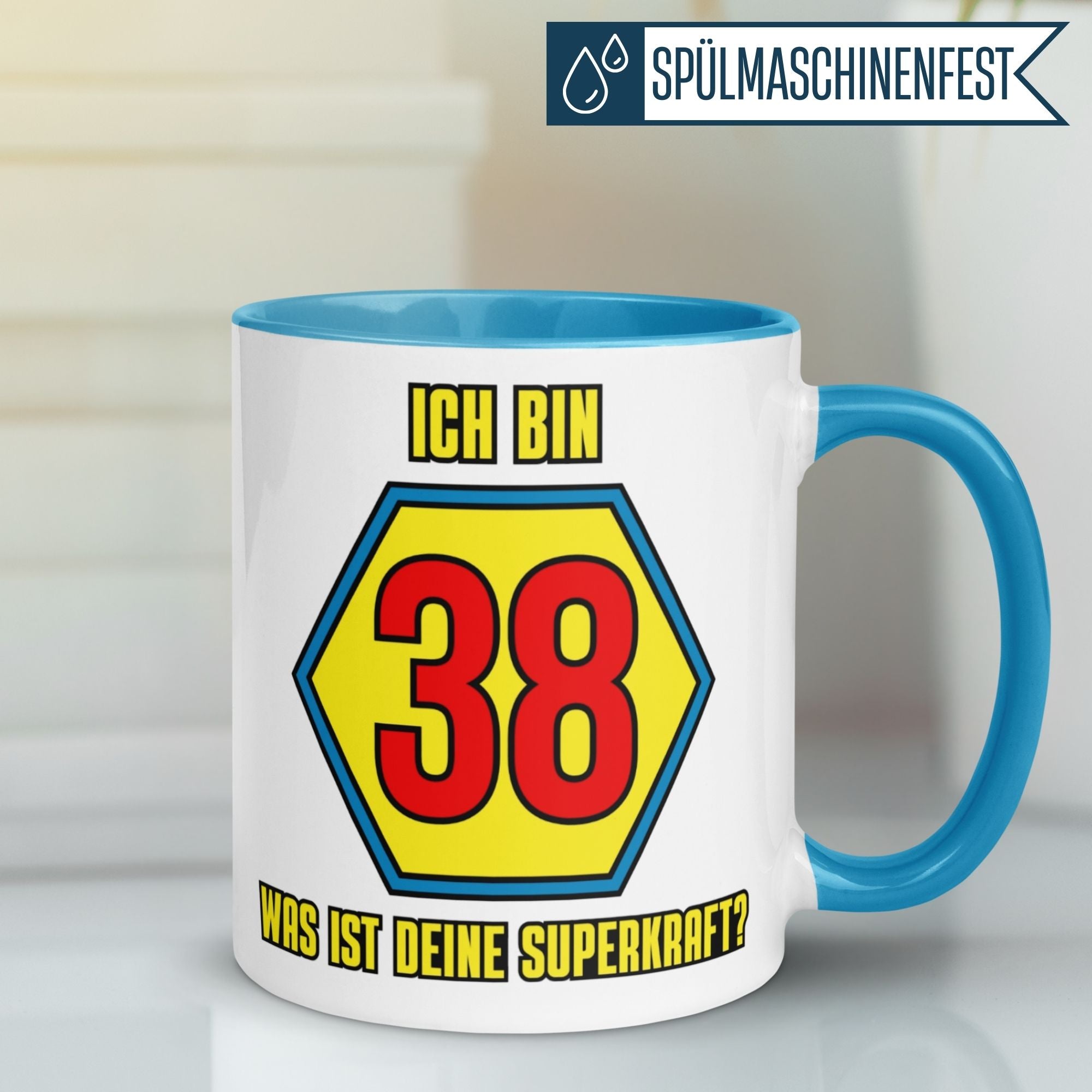 Momentals® Tasse 38. Geburtstag | Superheld & Spruch | Ich bin 38 und was ist deine Superkraft